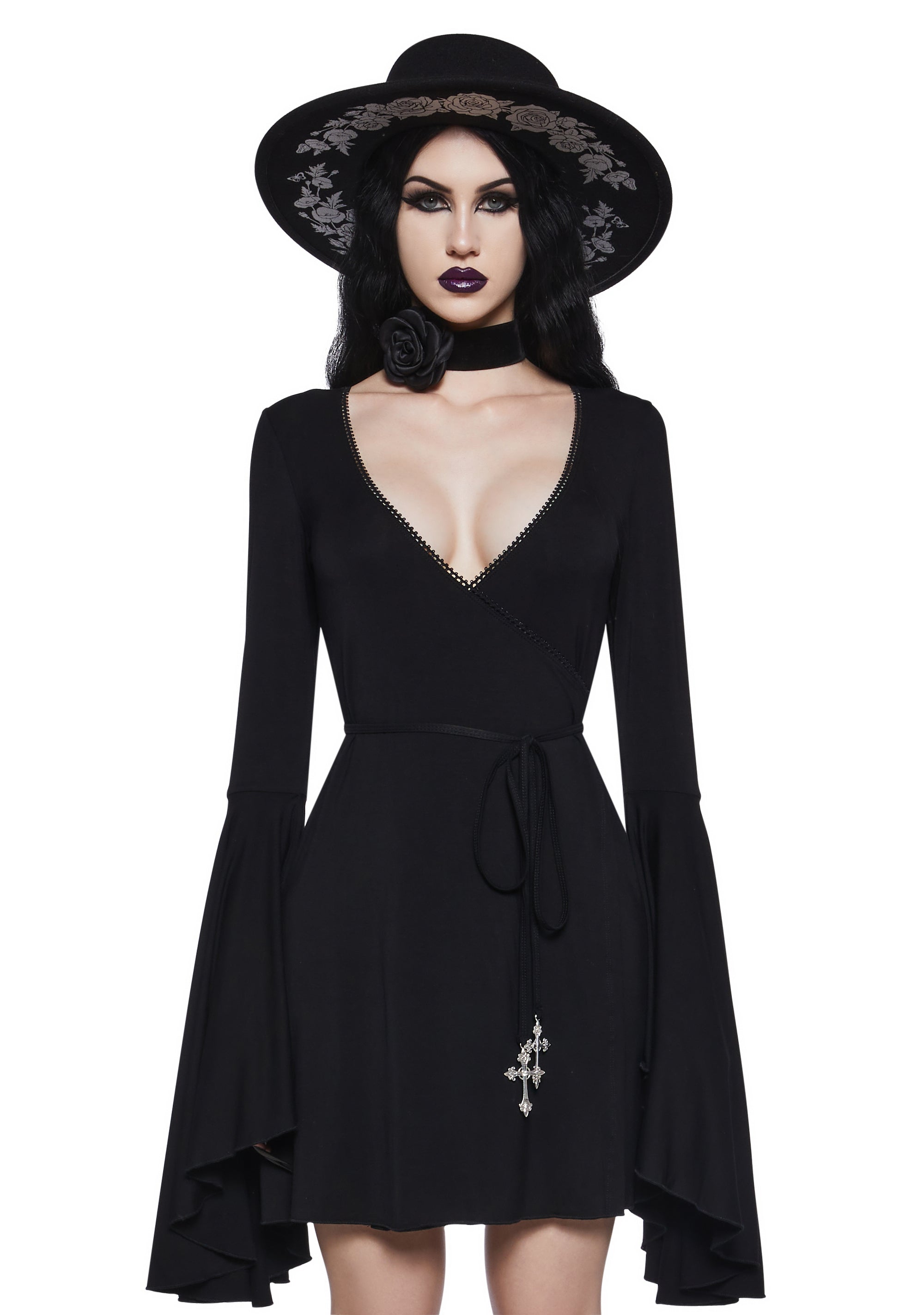 Widow Cross Bell Sleeve Wrap Dress