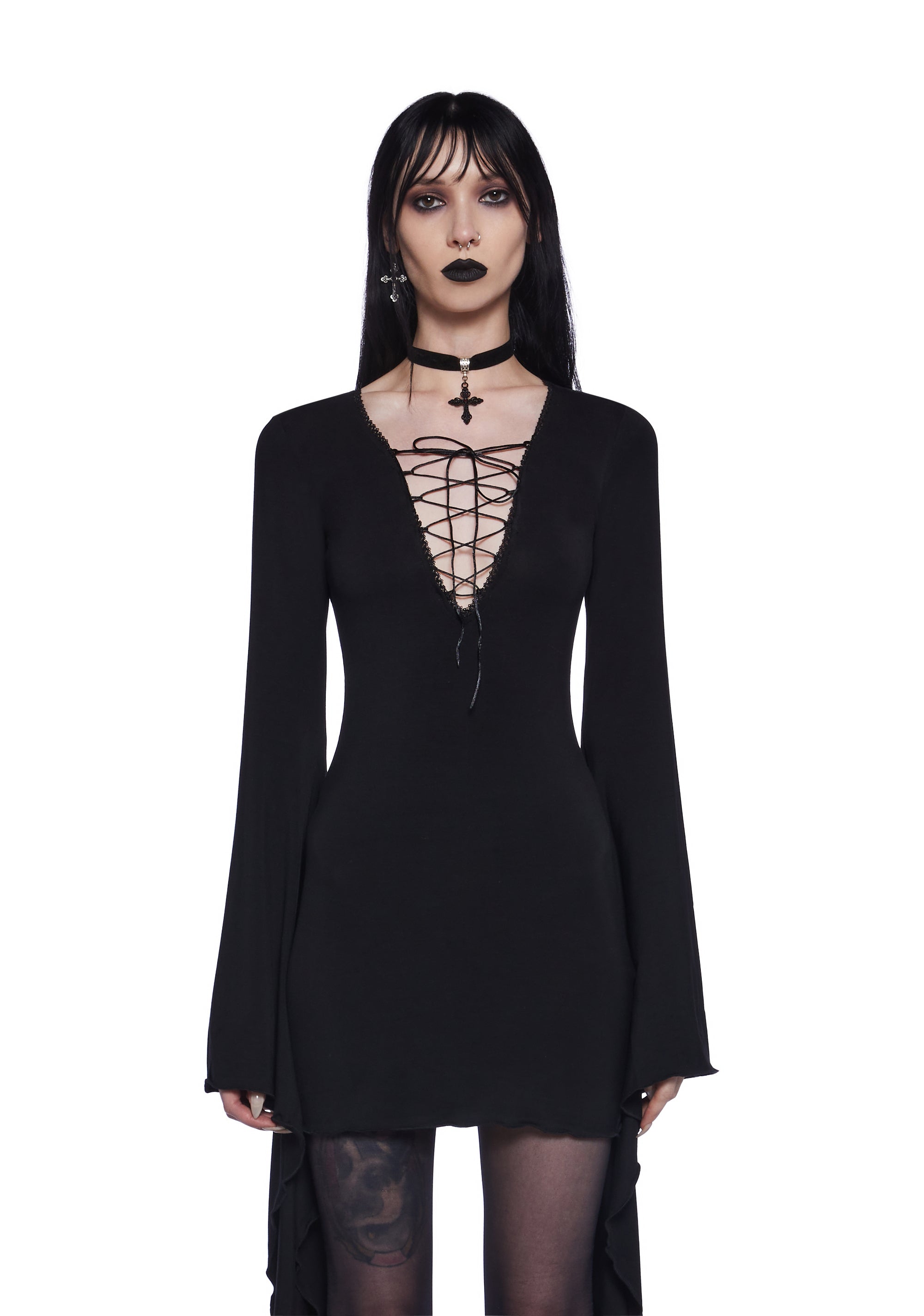 Widow Bell Sleeve Lace Up Dress - Black Widow Bell Sleeve Lace Up Dress - Black