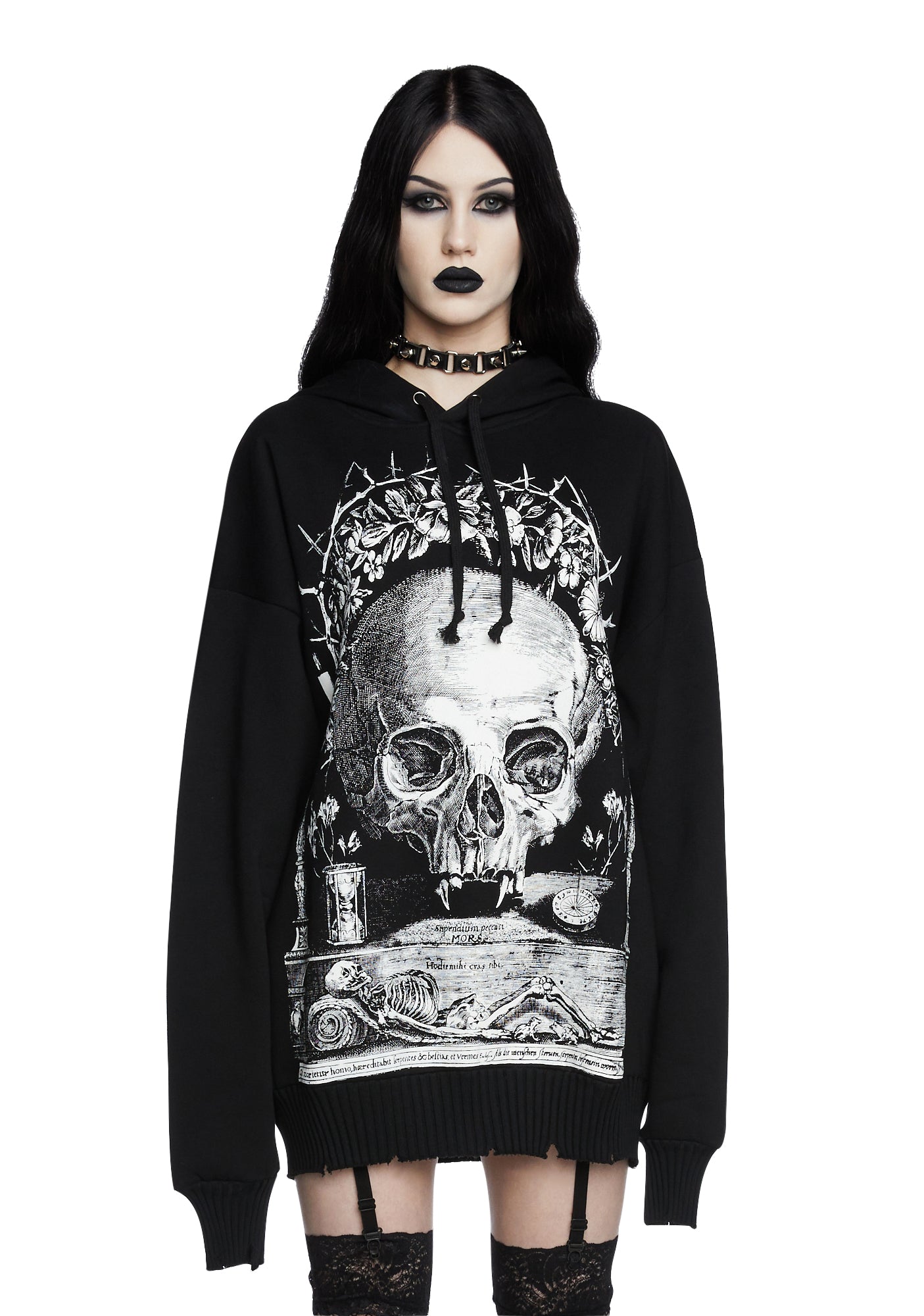 Widow Graphic Gothic Vampire Skull Hoodie - Black/White