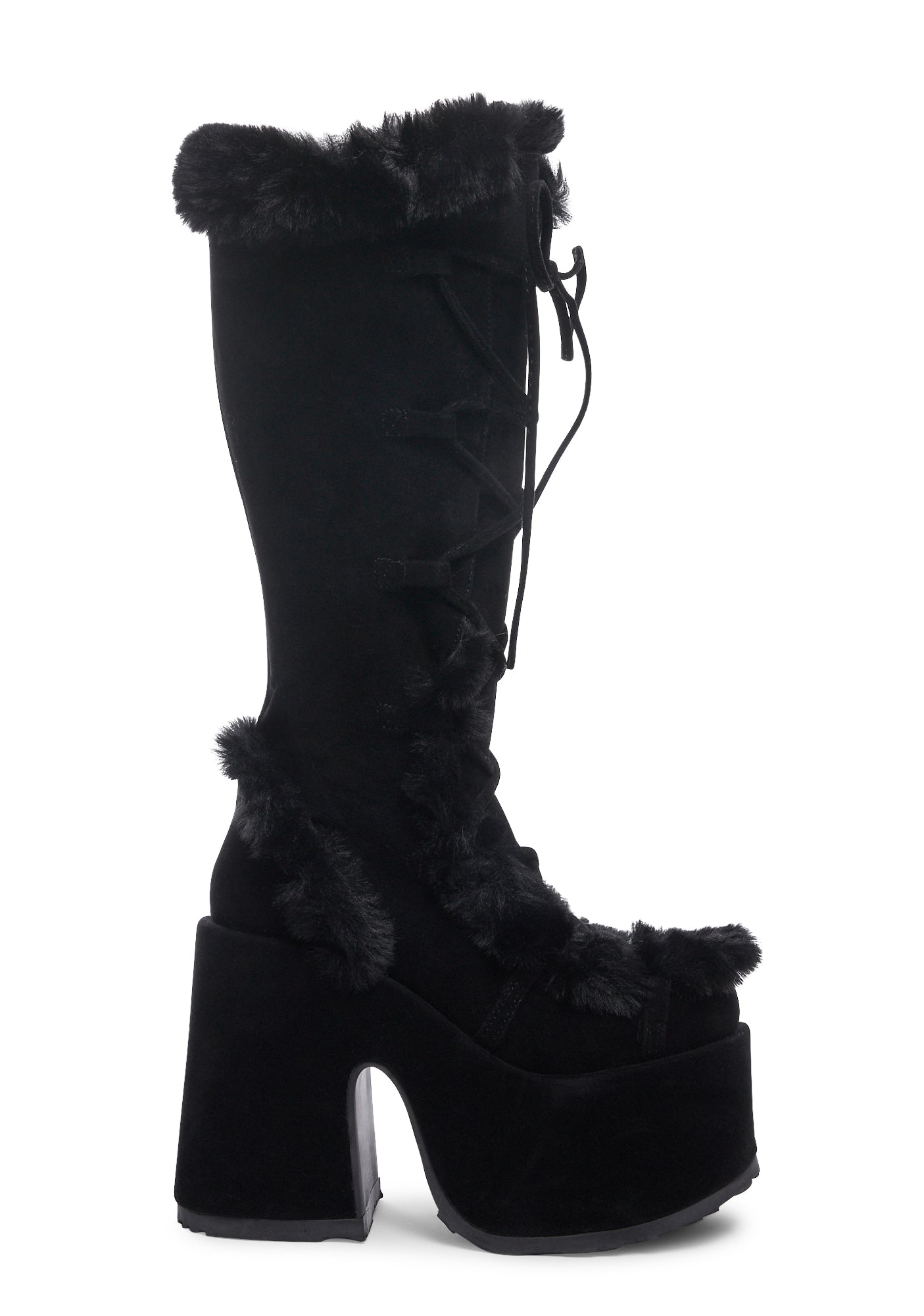 Demonia Faux Fur Knee High Platform Boots - Black