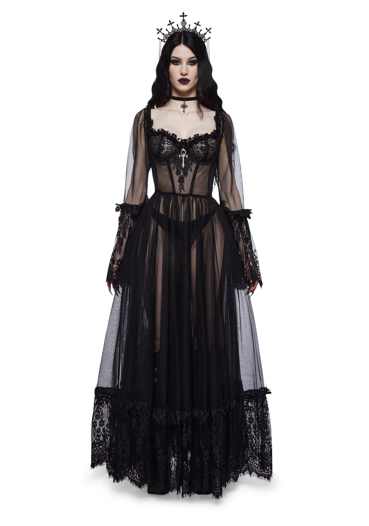 Widow Gothic Lace Bustier Long Sleeve Maxi Gown - Black – Dolls Kill
