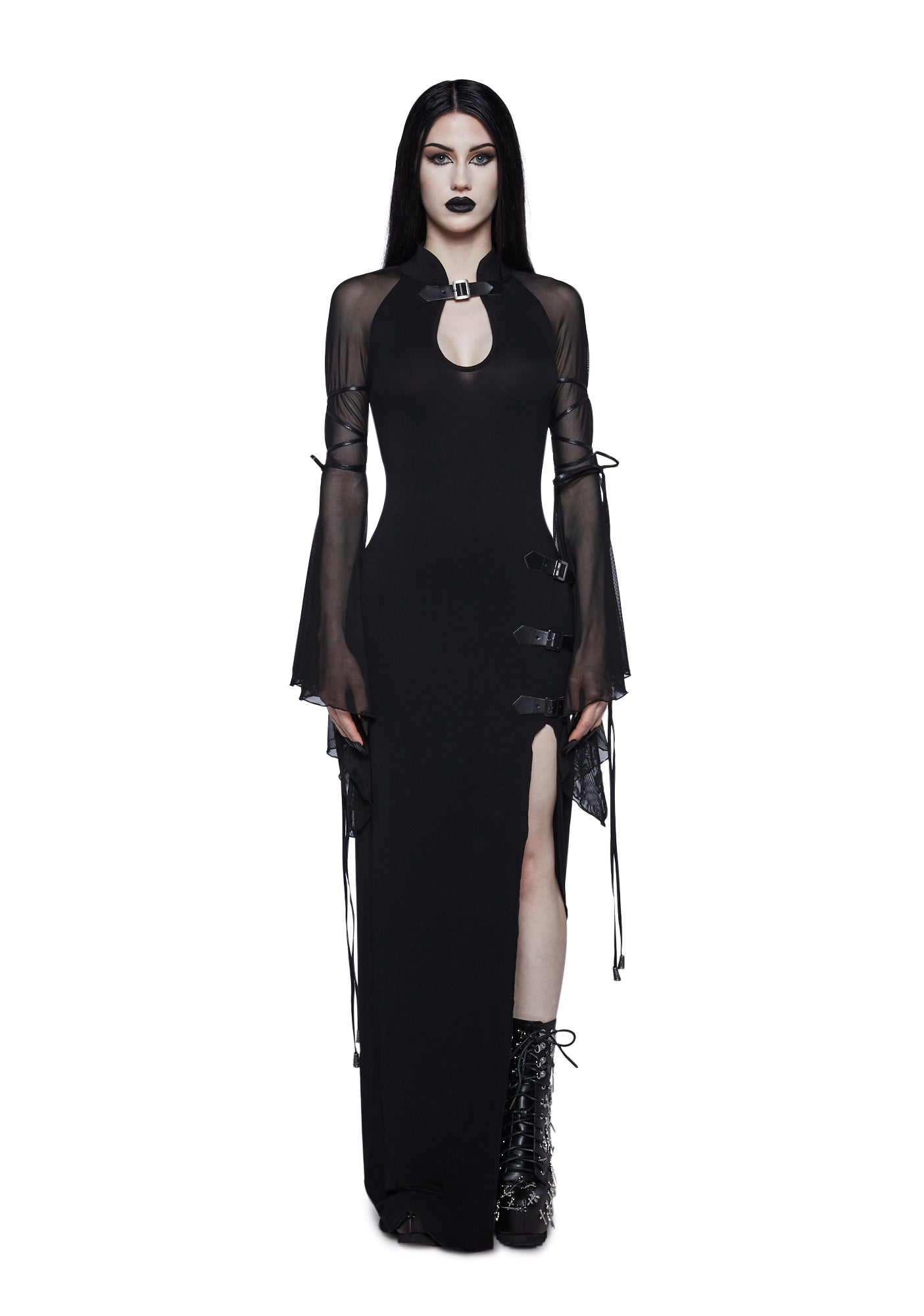Widow Keyhole Bell Sleeve Maxi Dress With High Slit Dolls Kill Widow Keyhole Bell Sleeve Maxi Dress With High Slit Dolls Kill