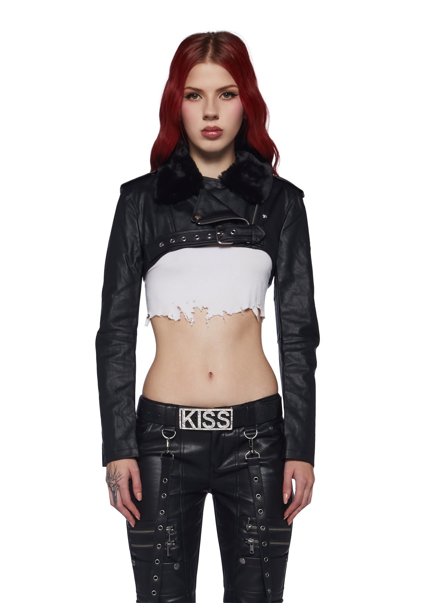 Poster Grl Vegan Leather Moto Jacket Shrug With Fur Collar Black Dolls Kill