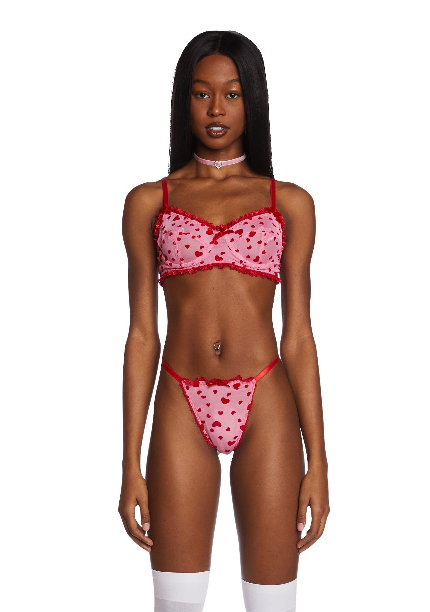 Sugar Thrillz Frilly Heart Pattern Underwire Bra - Hot Pink/Red