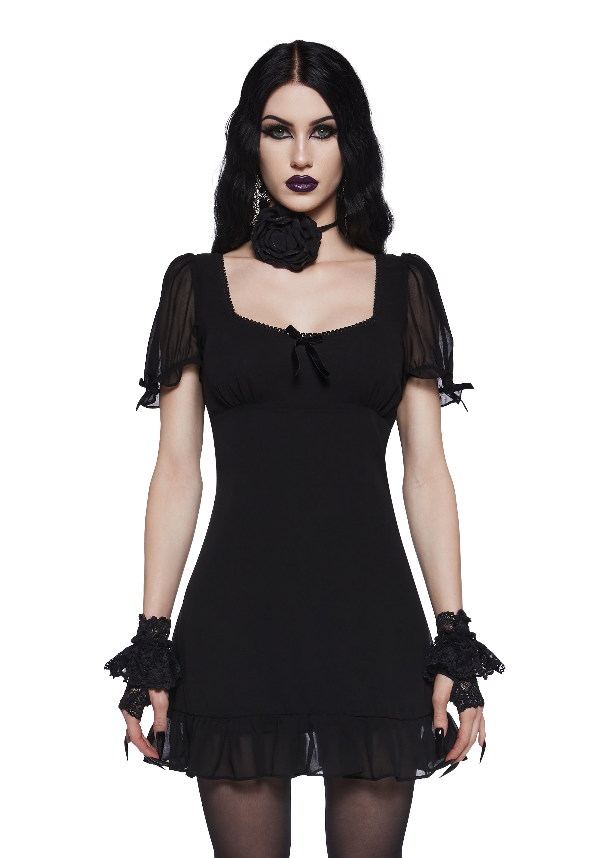 Widow Fairy Lace Chiffon Puff Sleeve Empire Waist Babydoll Dress - Black Dolls Kill Widow Fairy Lace Chiffon Puff Sleeve Empire Waist Babydoll Dress - Black Dolls Kill
