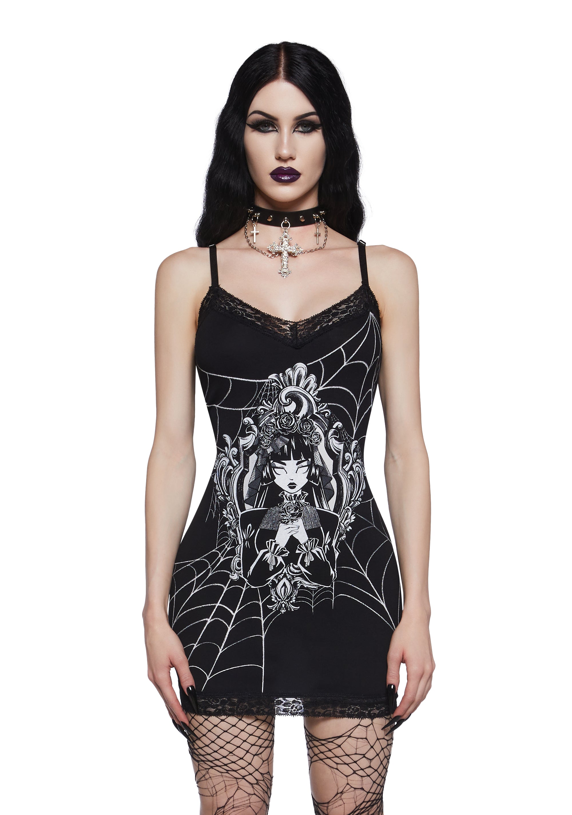 Widow Graphic Lace Trim Tank Dress - Black Widow Graphic Lace Trim Tank Dress - Black