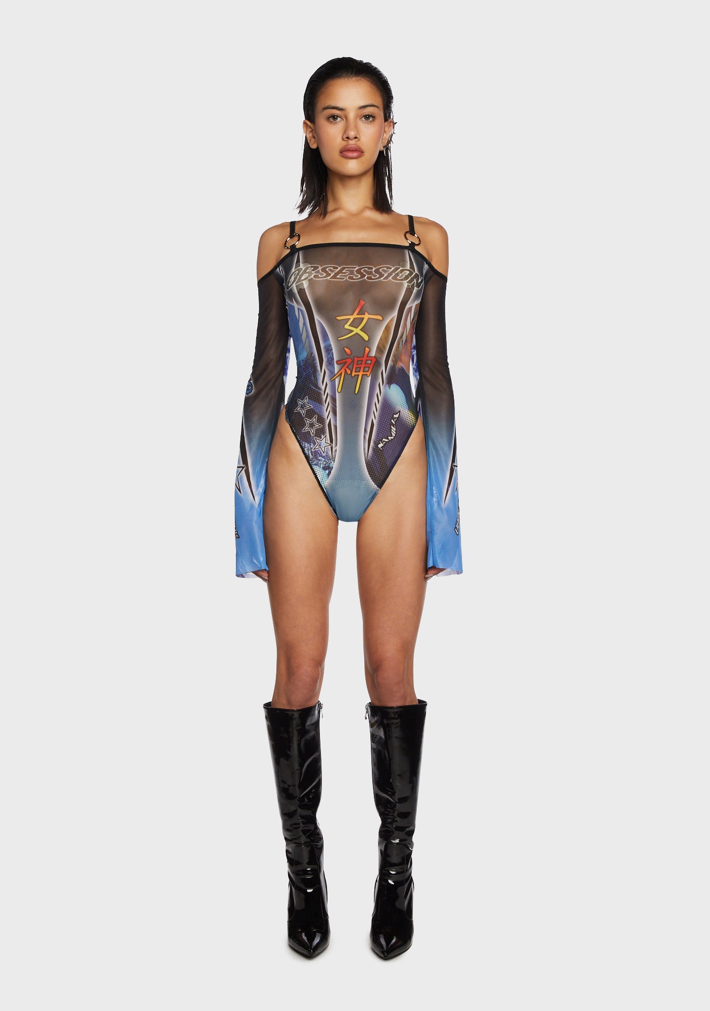 Namilia Obsession Racing Print Off Shoulder Mesh Bodysuit