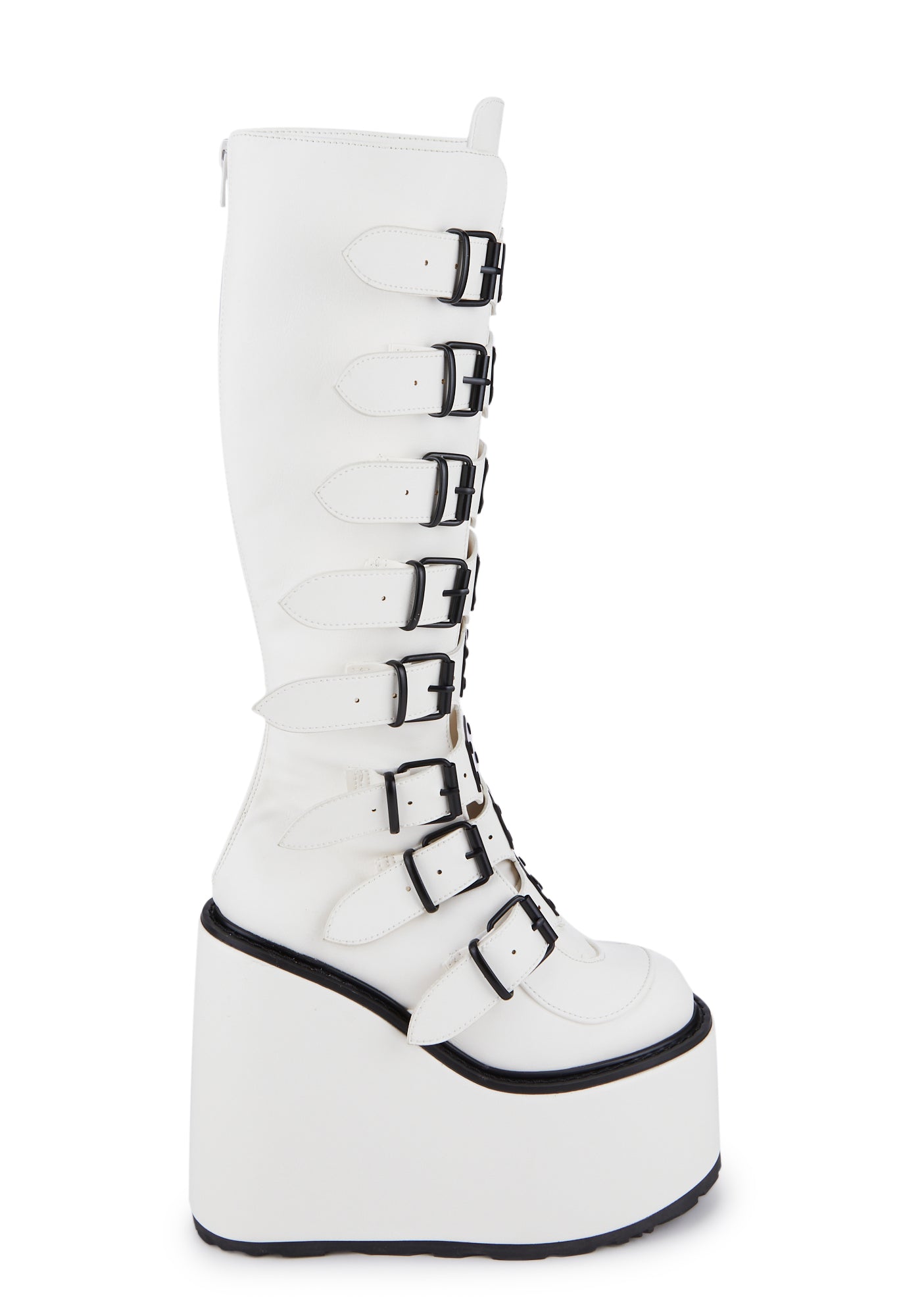 Demonia Swing 815 Buckle Knee High Boots - White