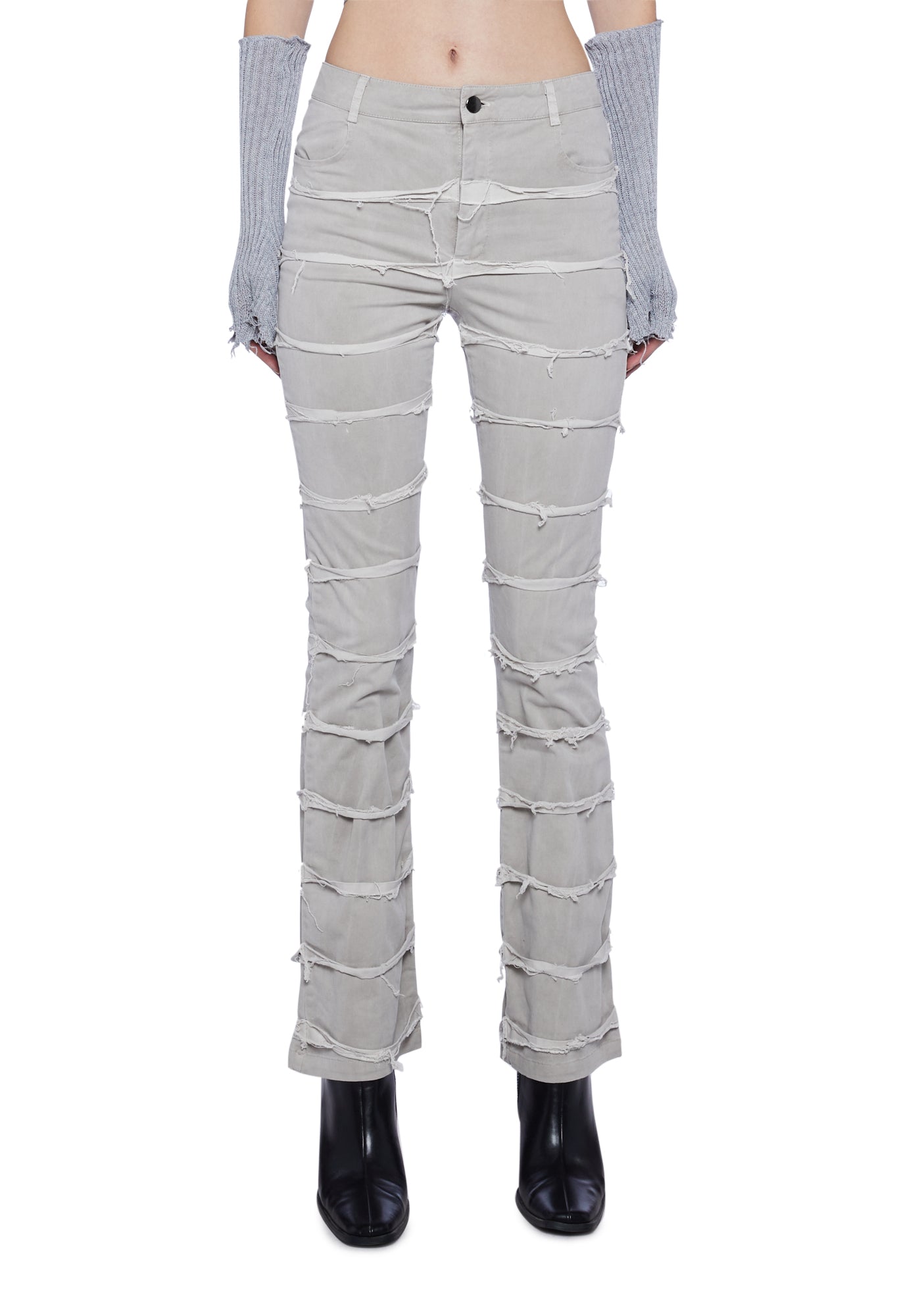 Darker Wavs Unisex Bootcut With Raw Strips - White – Dolls Kill