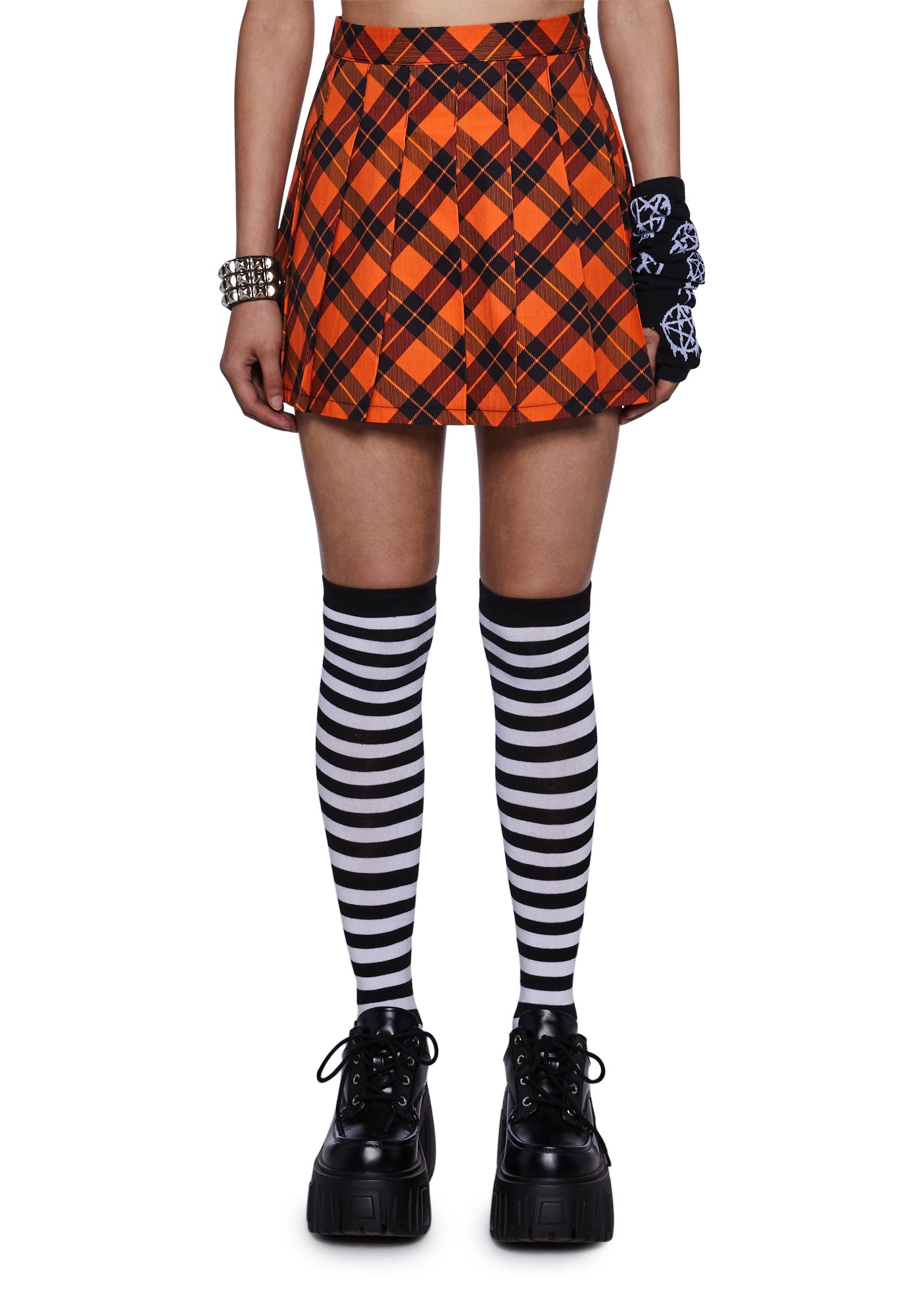 Trickz N Treatz Pleated Plaid Mini Skirt - Orange/Black