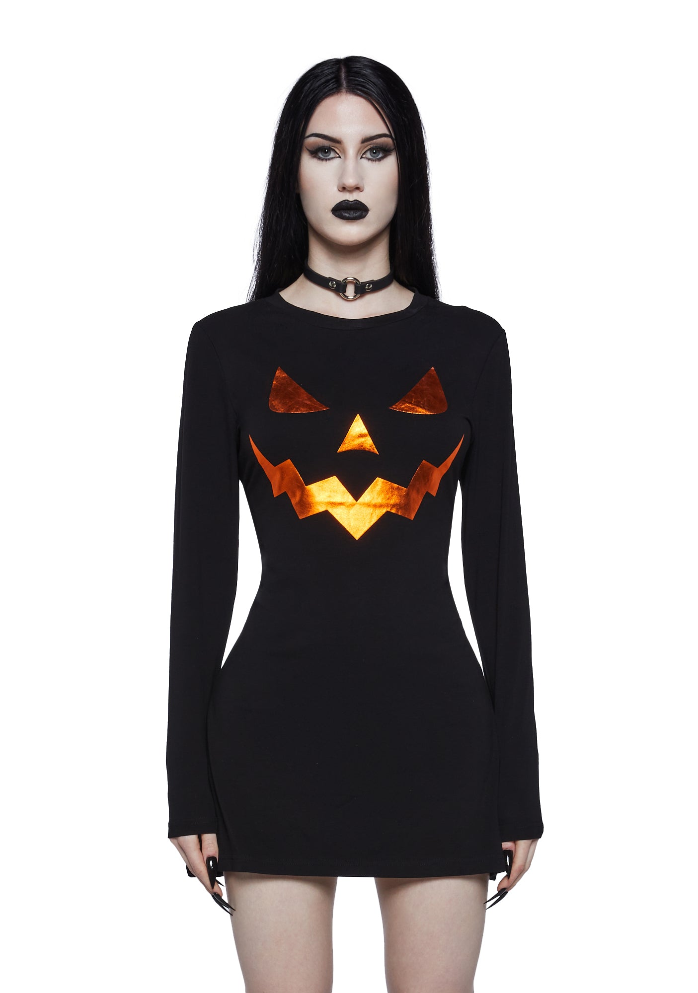 Trickz N Treatz Metallic Pumpkin Long Sleeve Mini Dress - Black Dolls Kill Trickz N Treatz Metallic Pumpkin Long Sleeve Mini Dress - Black Dolls Kill