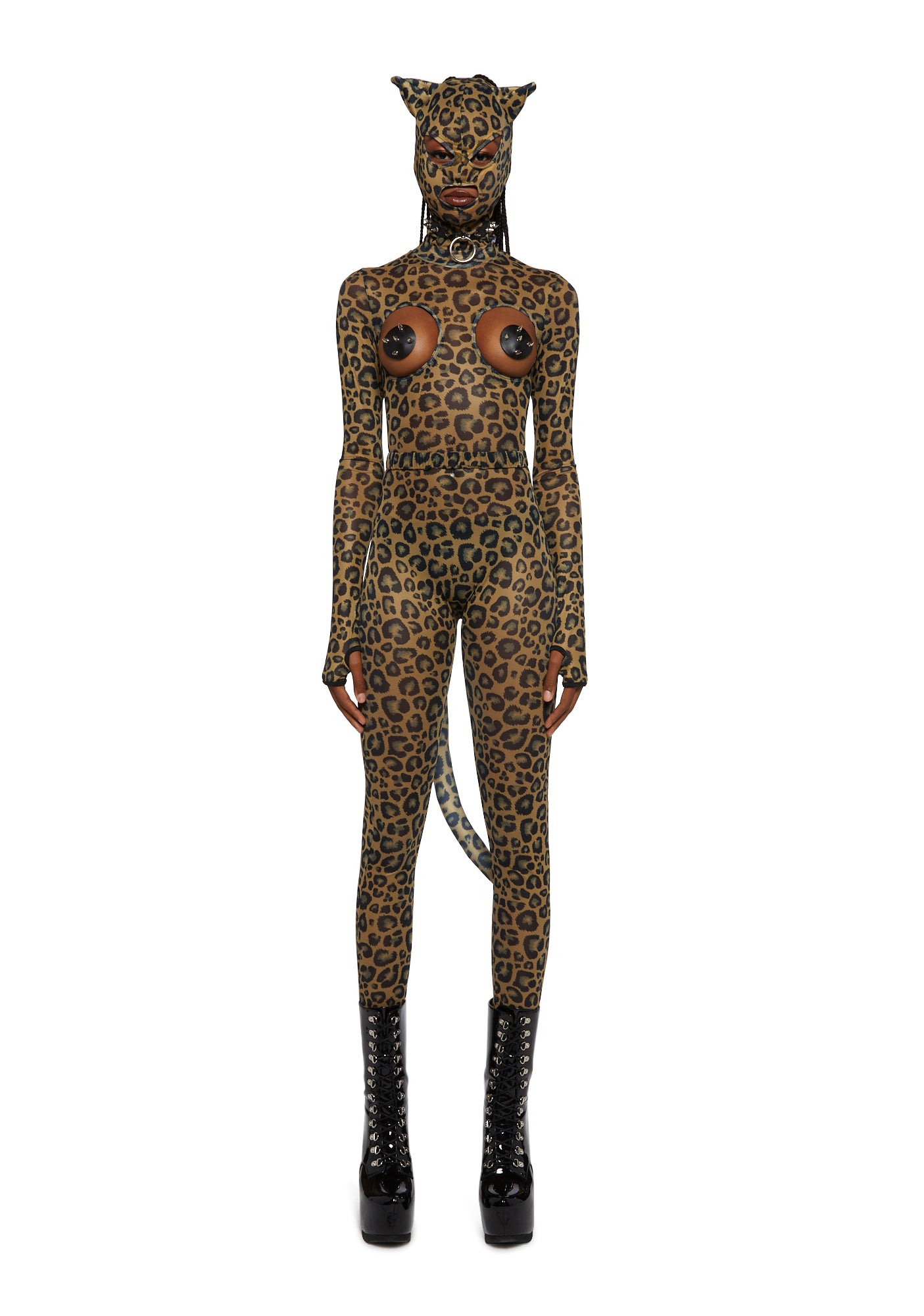 Open Cup Face Mask Leopard Catsuit With Tail  Dolls Kill
