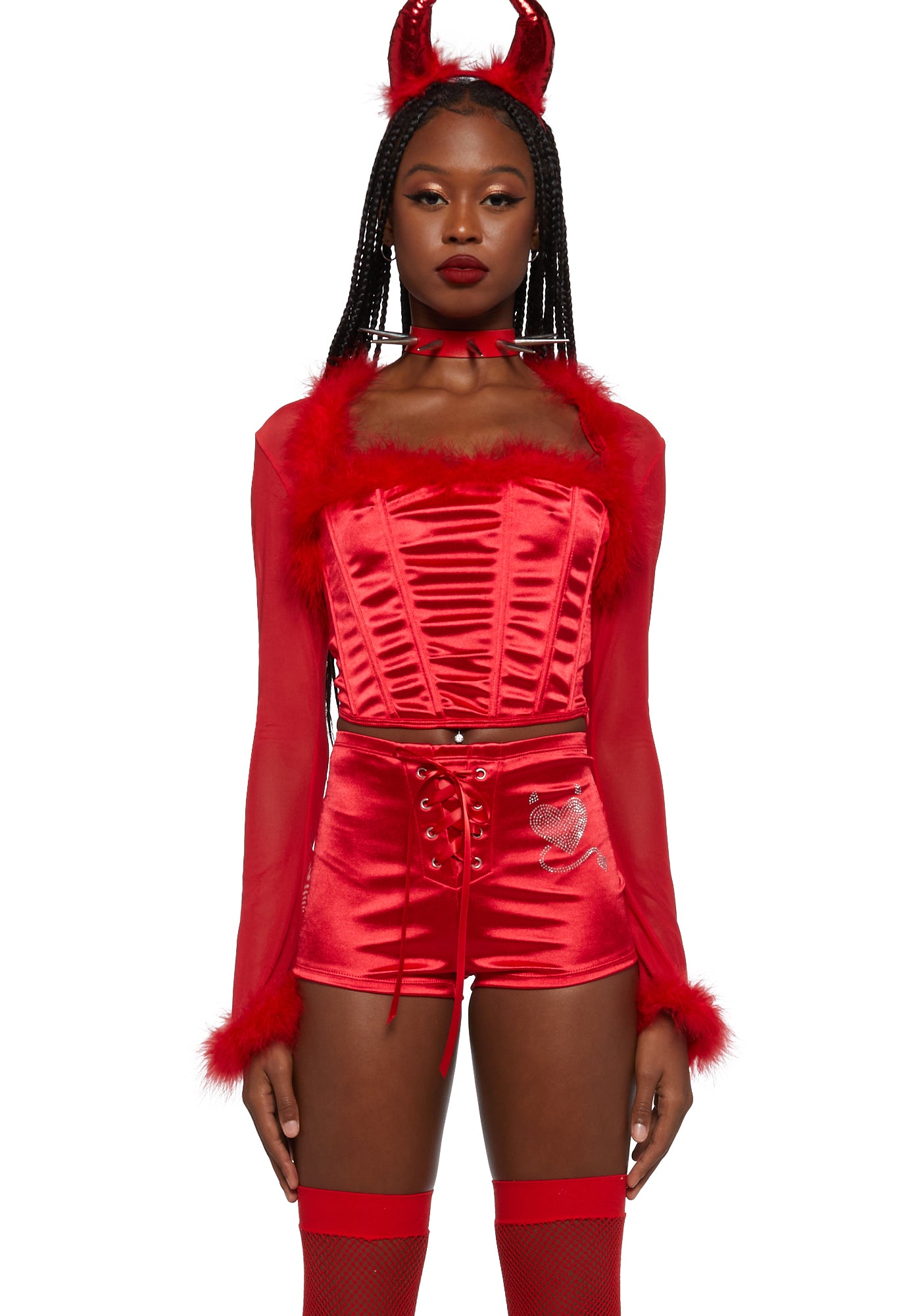 red dress devil costume Trickz N' Treatz Satin Marabou Trim Devil Costume Set