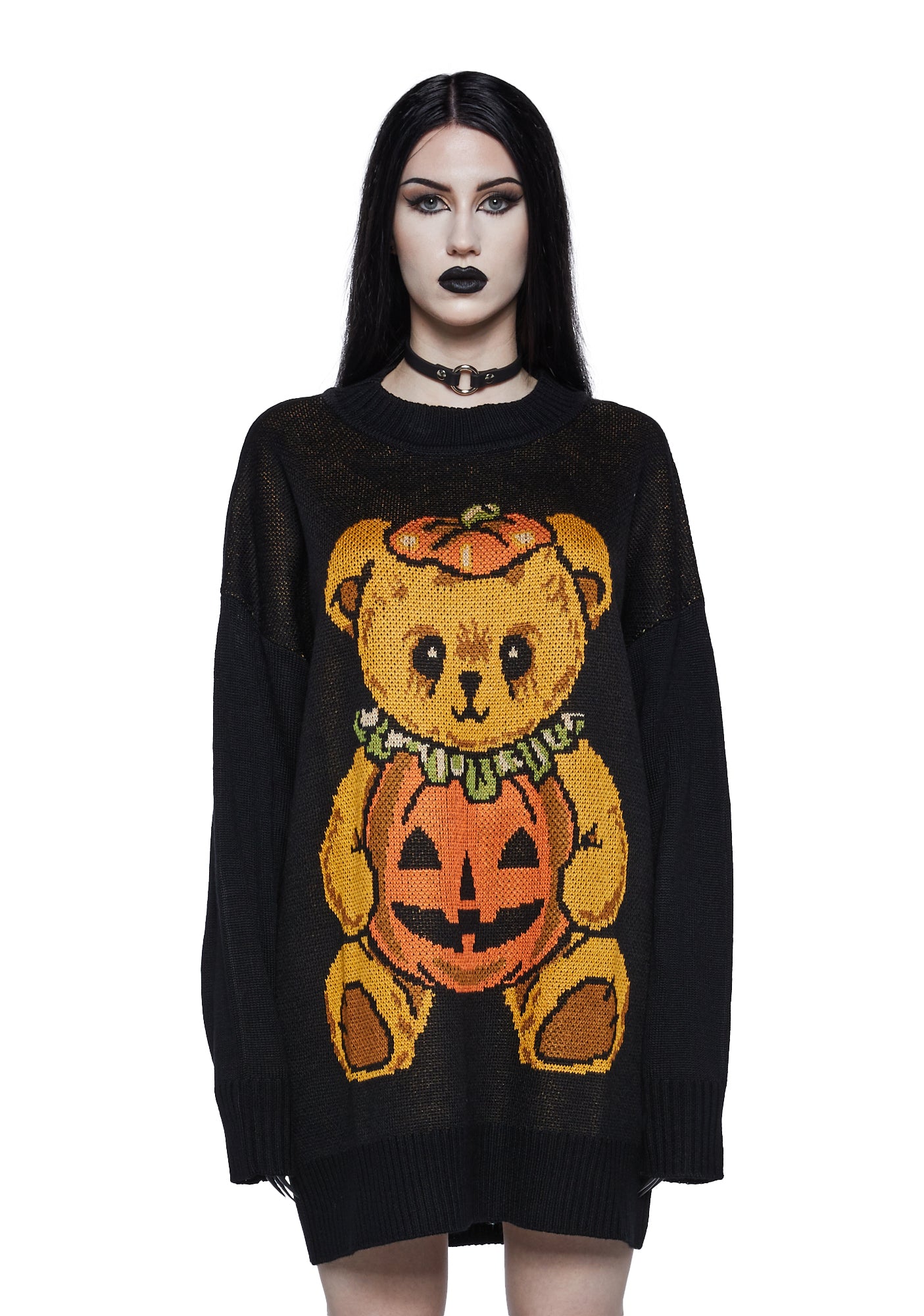 Trickz N Treatz Pumpkin Bear Intarsia Oversized Sweater