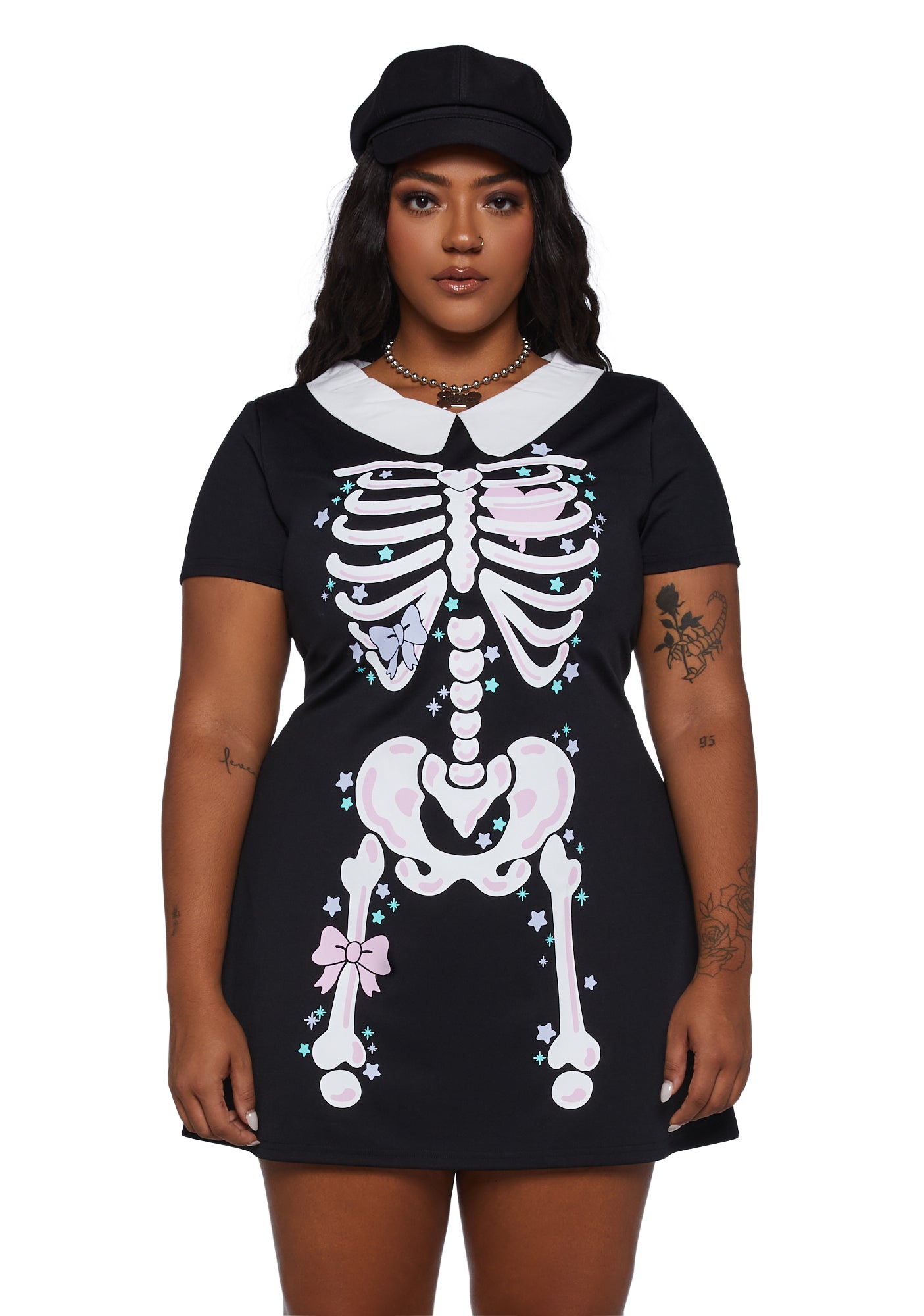 Plus Size Trickz N Treatz Kawaii Skeleton Collared Mini Dress Black Dolls Kill