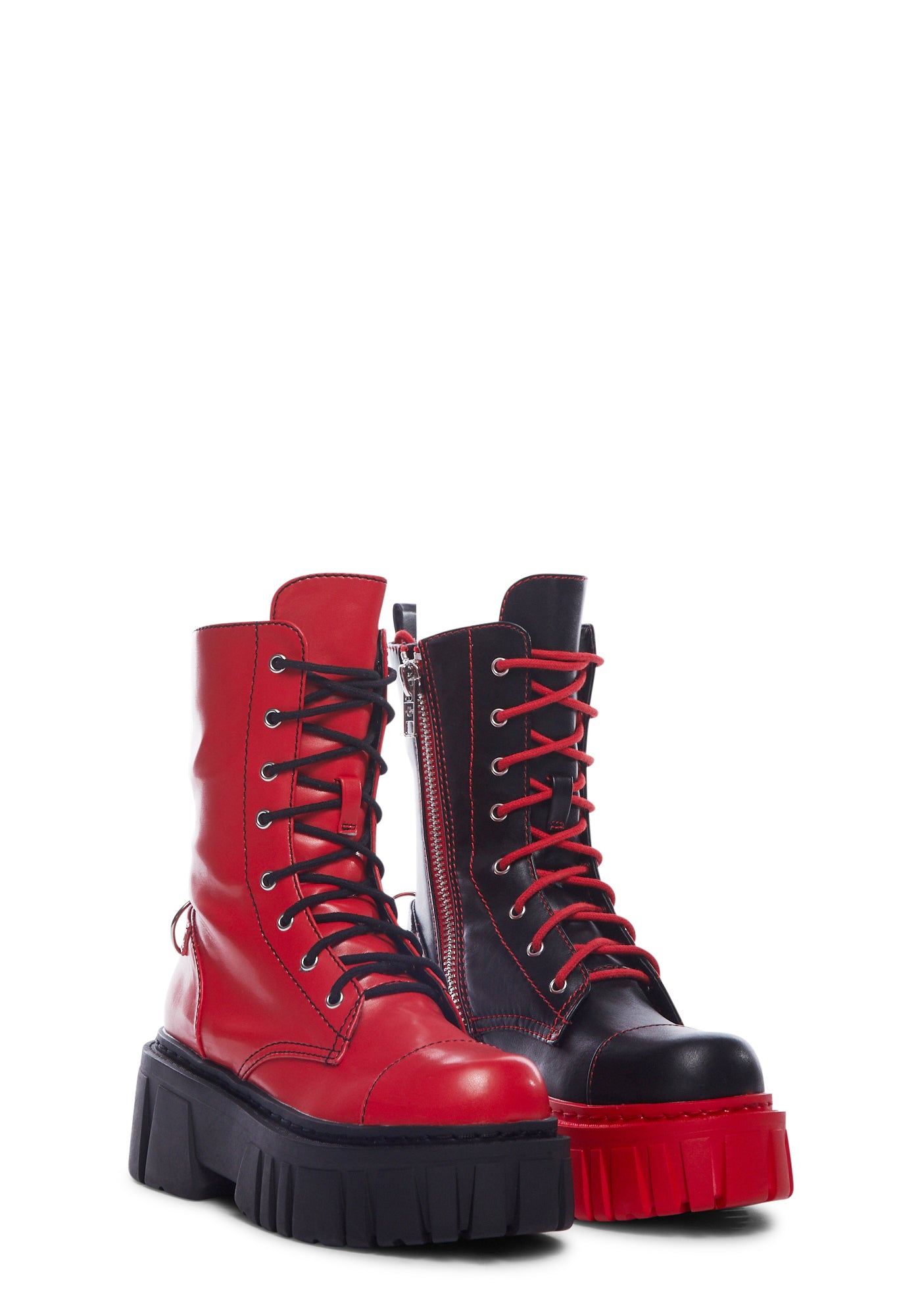 Current Mood Mismatched Combat Boots Red Black