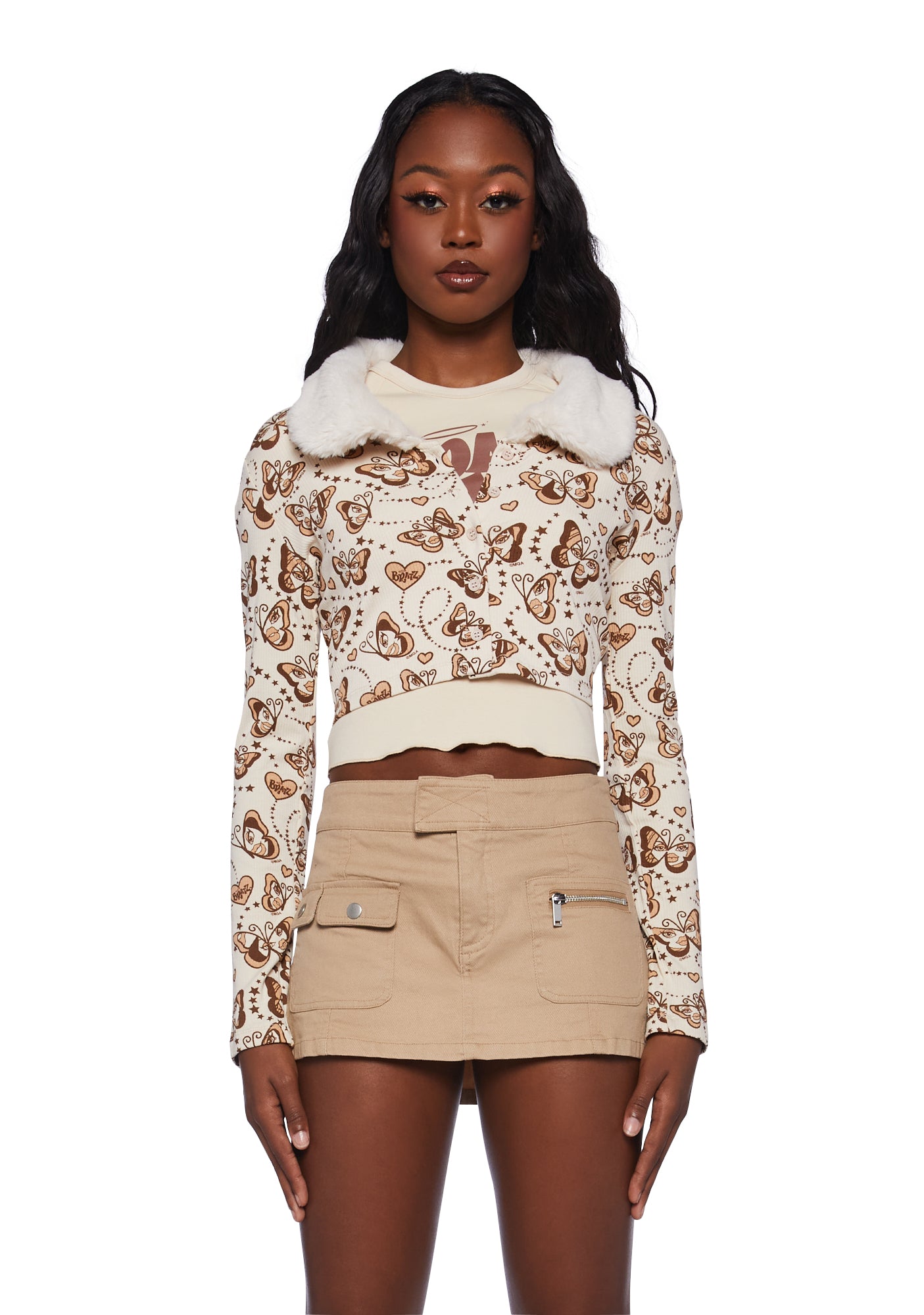 Dolls Kill x Bratz Butterfly Faux Fur Collar Cropped Dolls Kill x Bratz Butterfly Faux Fur Collar Cropped