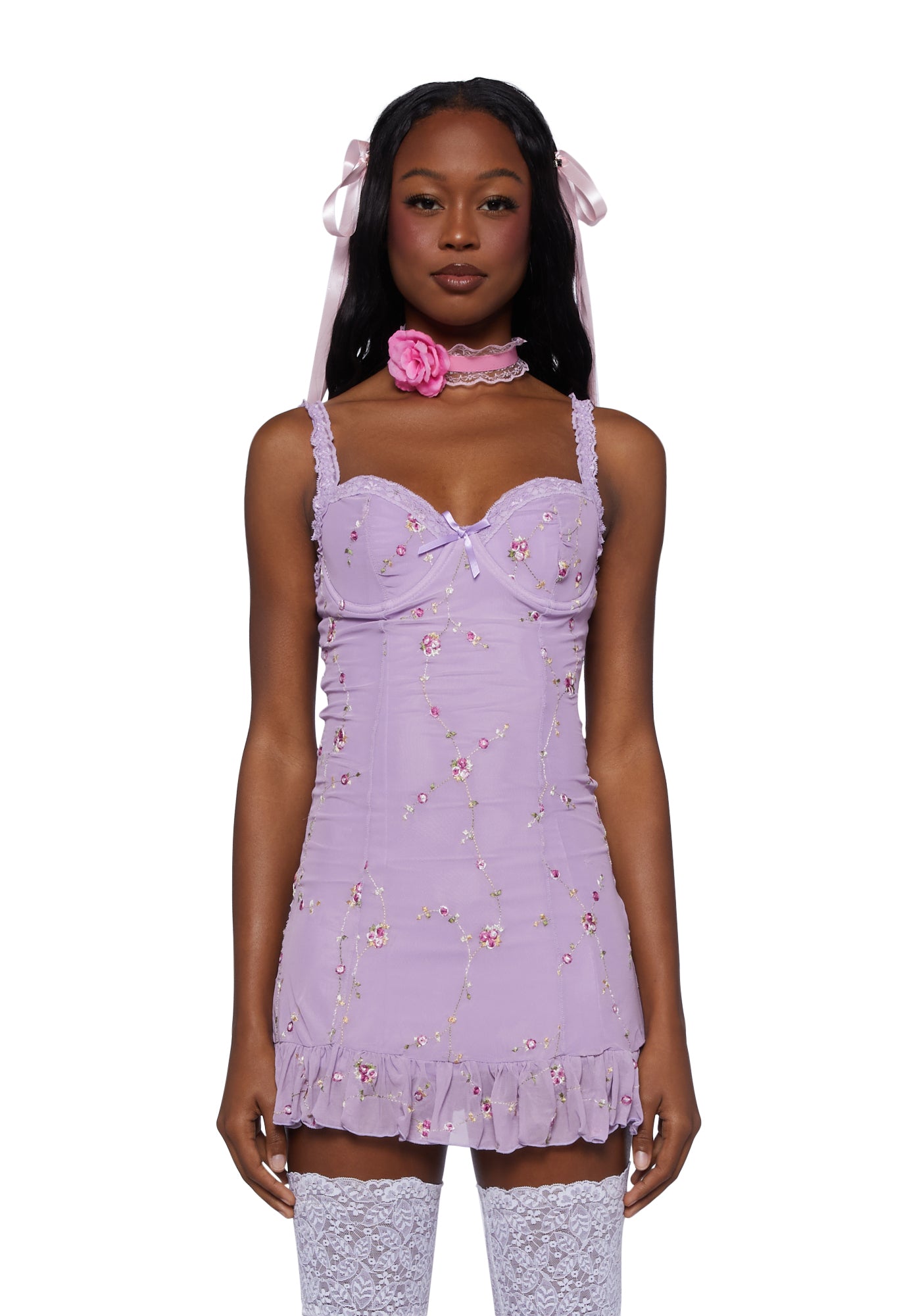 Sugar Thrillz Embroidered Floral Mesh Slip Dress - Purple