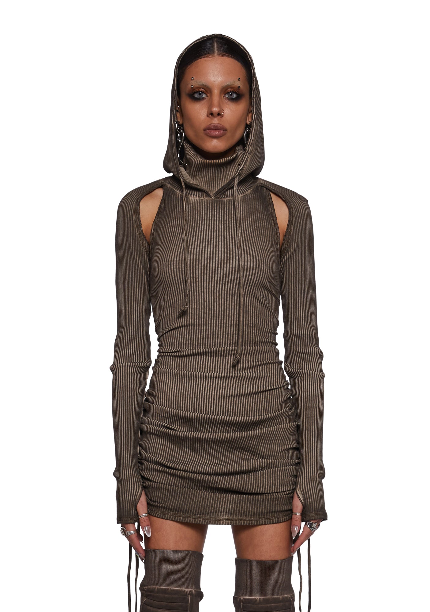 Darker Wavs Ribbed Racerback Cutout Hooded Dress - Washed