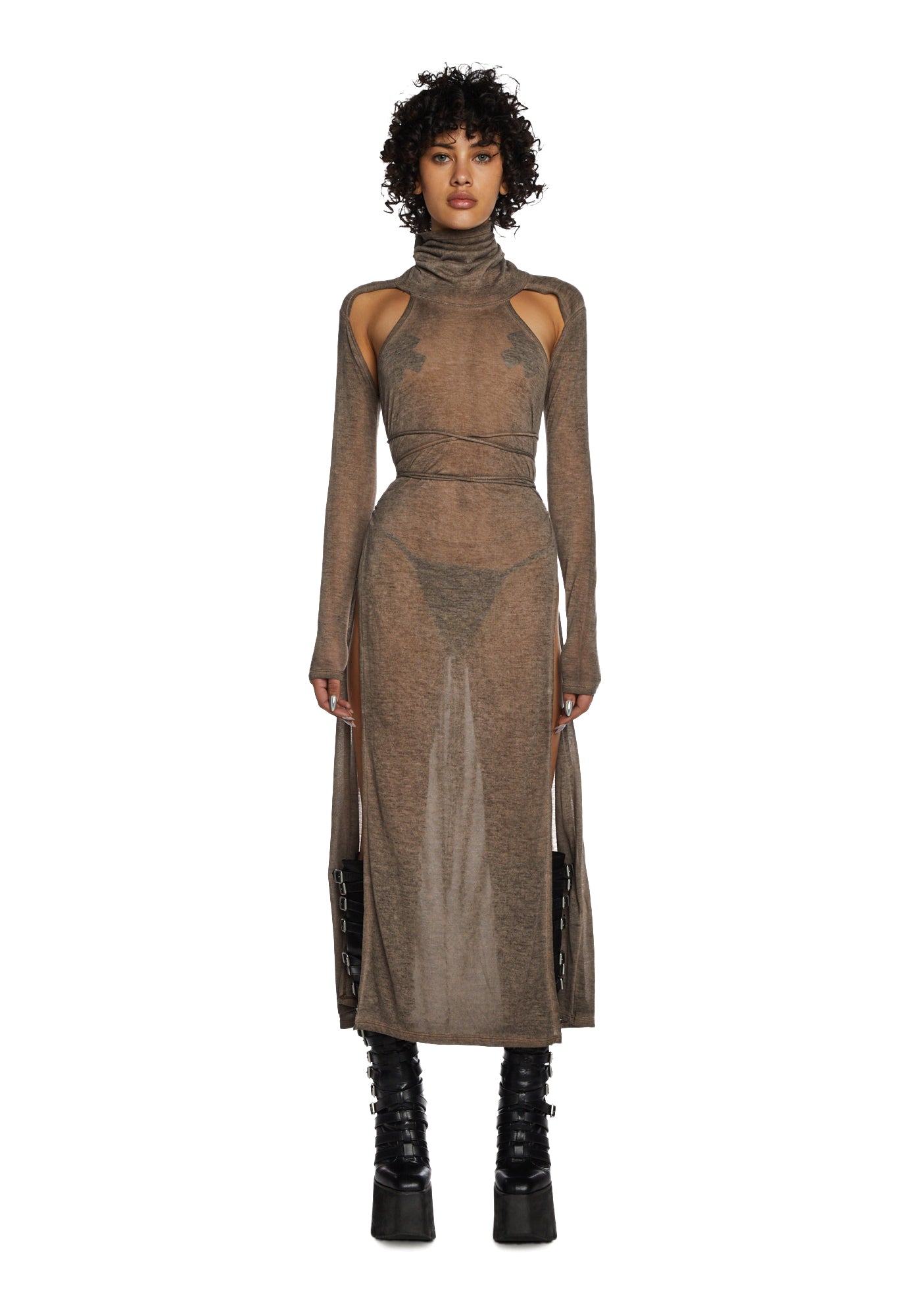 Darker Wavs High Slit Maxi Dress - Washed Brown