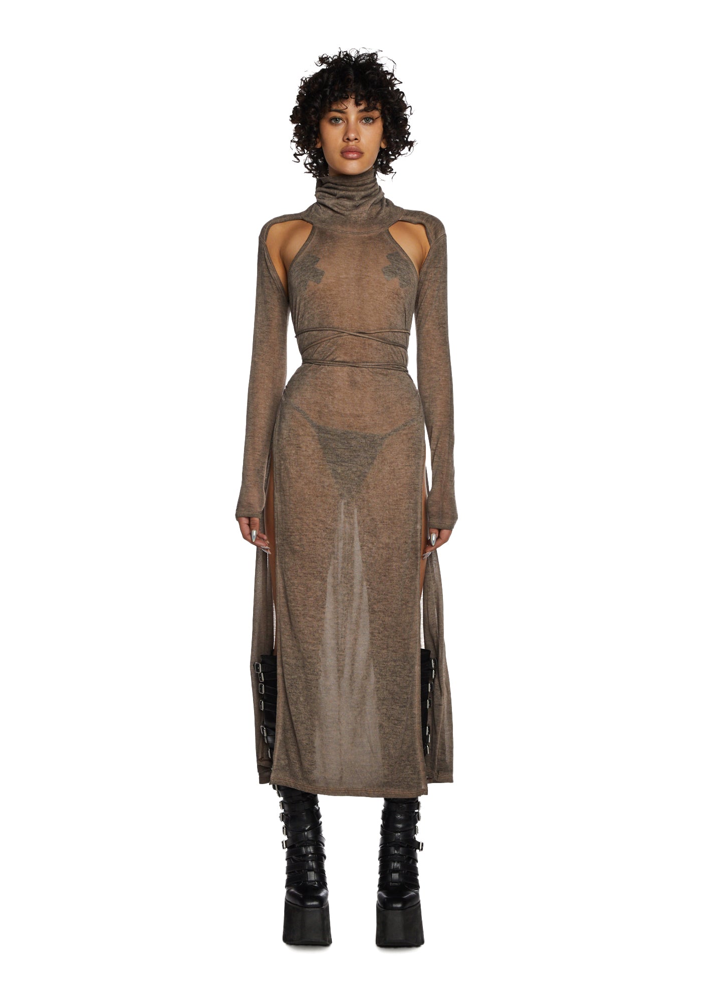 Darker Wavs High Slit Maxi Dress Washed Brown Dolls Kill