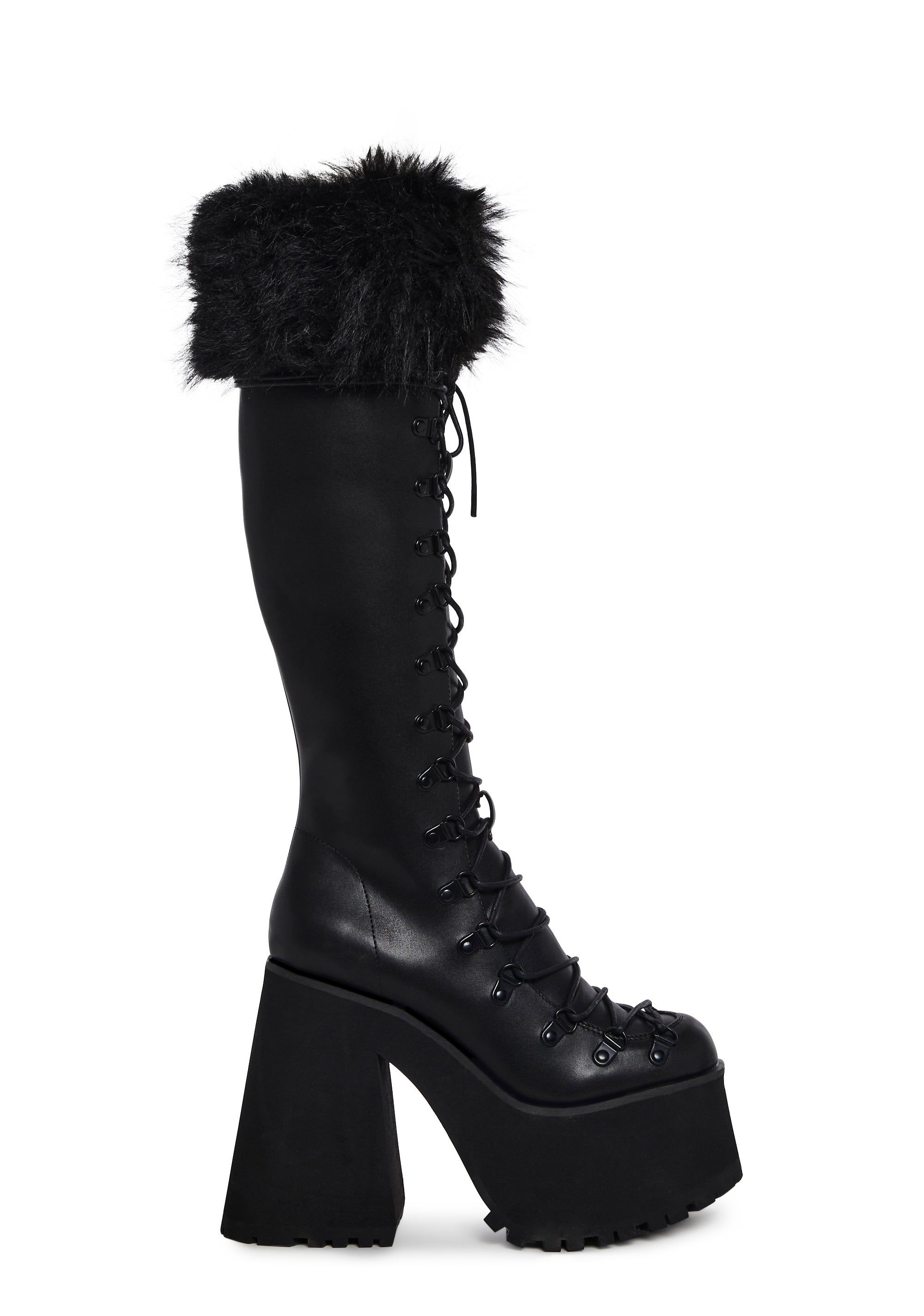 Widow Fur Trim Hiker Lace Up Knee High Boots - Black – Dolls Kill