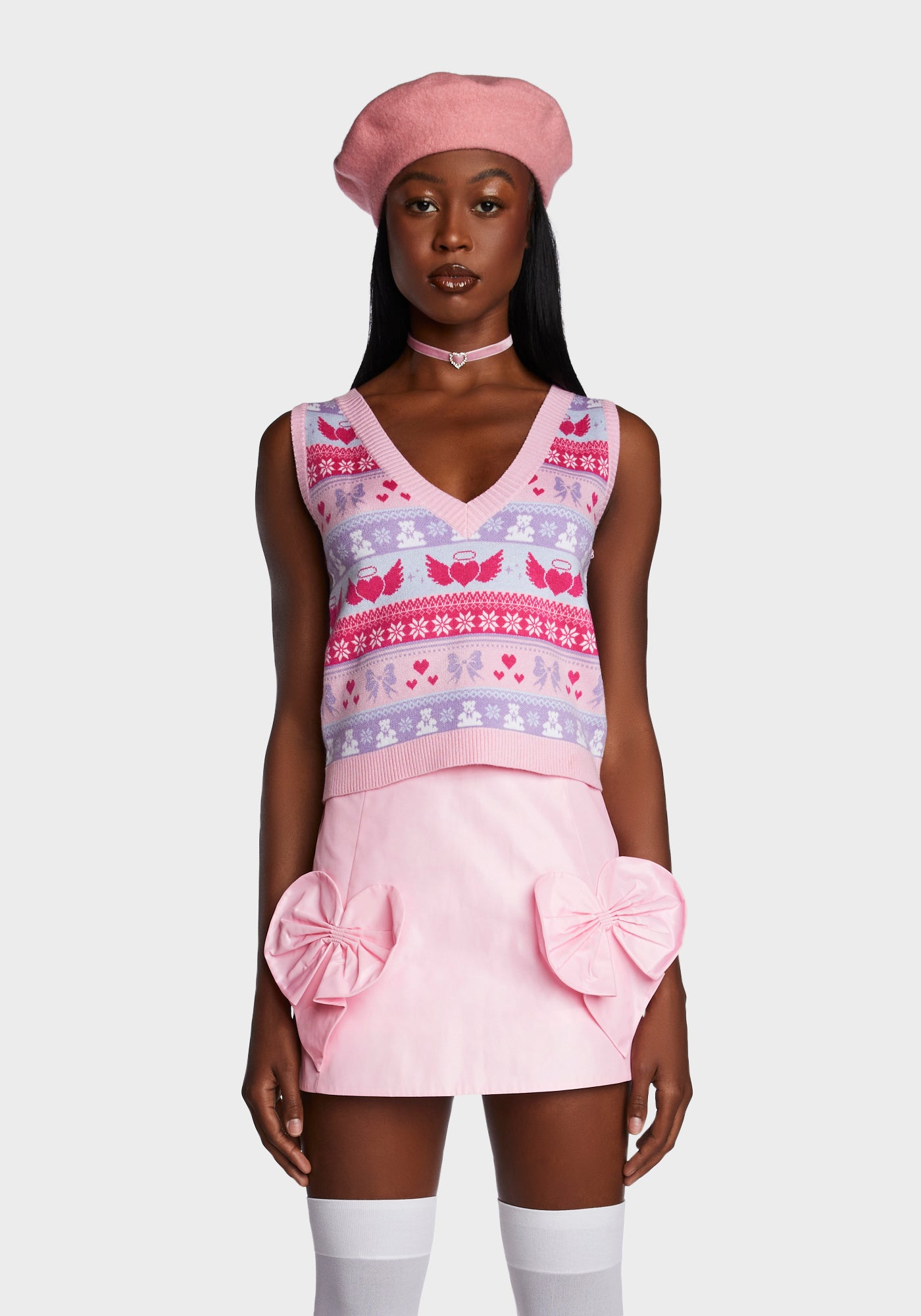 Sugar Thrillz Heart Fairisle Intarsia Sweater Vest Pink Multi Dolls Kill