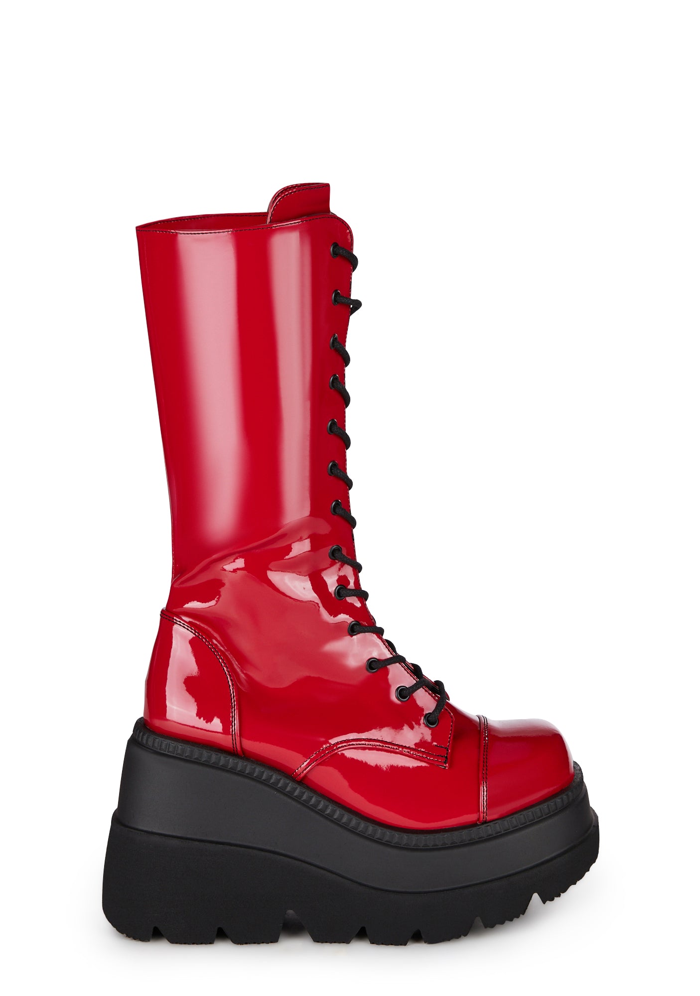 Demonia SHAKER 72 Wedge Mid Calf Boot 6 Red Patent