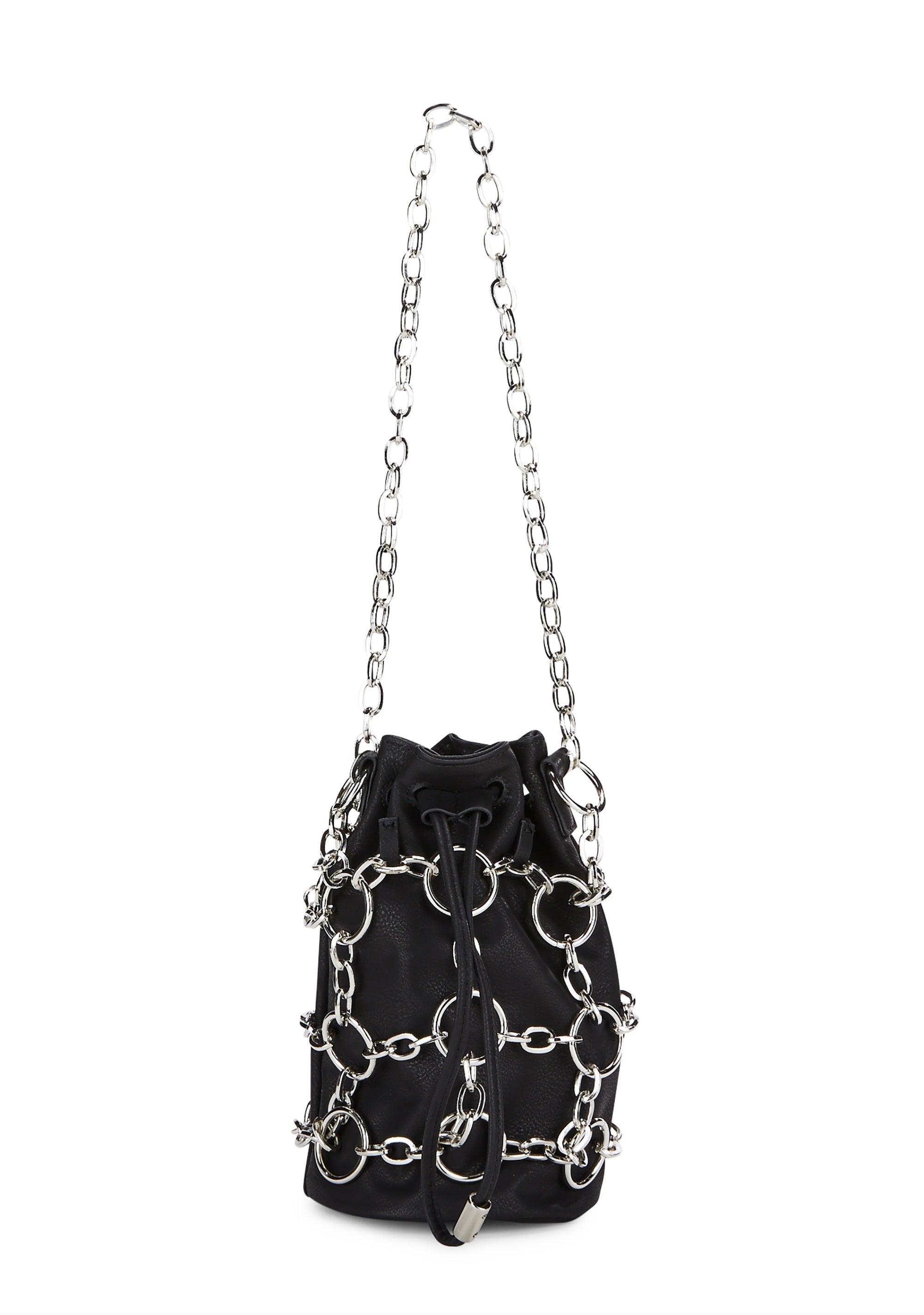 Poster Grl Vegan Leather Drawstring O Ring Chain Bucket Bag Black Dolls Kill