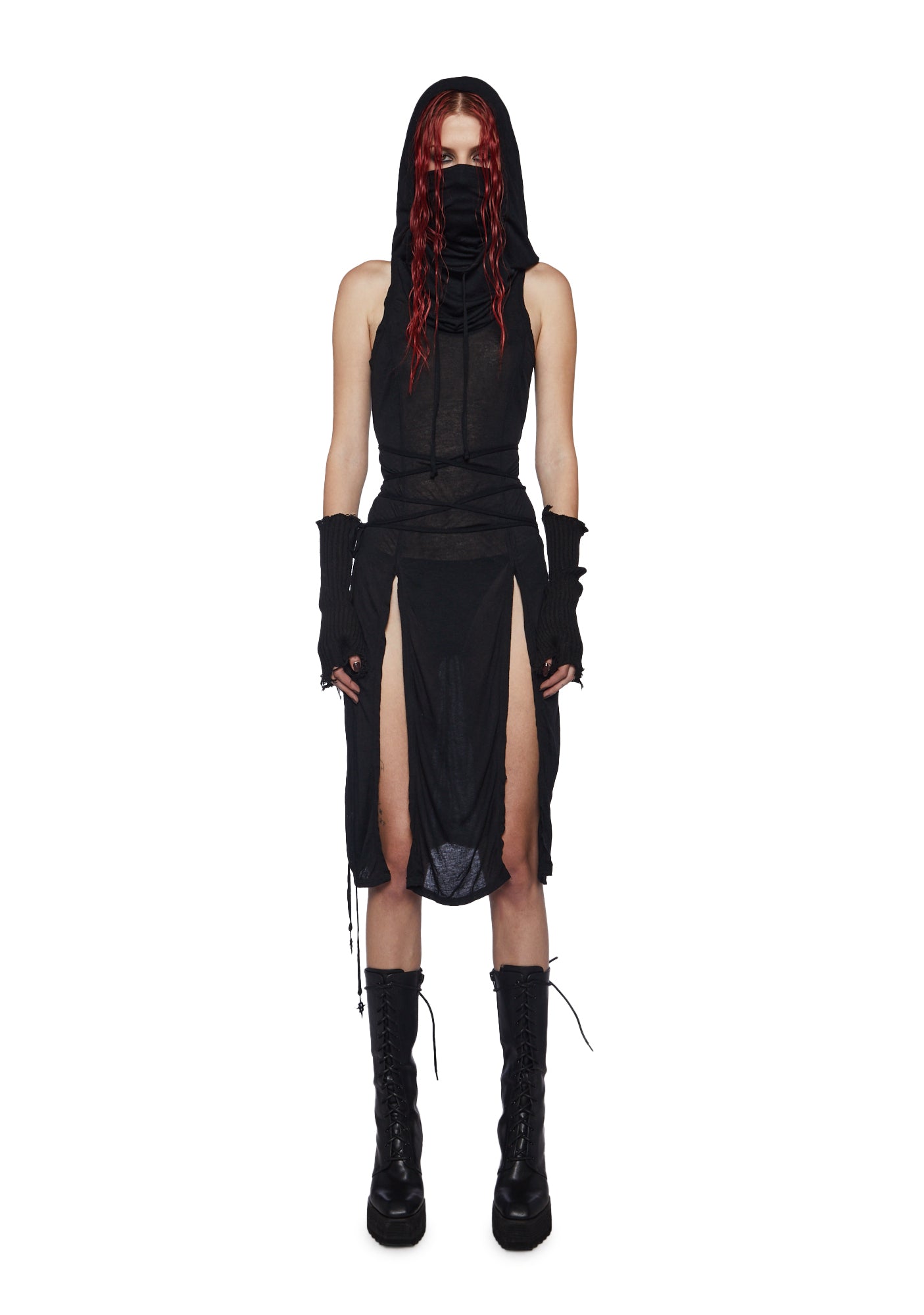 Darker Wavs High Slit Hooded Jersey Tunic Dress Black Dolls Kill