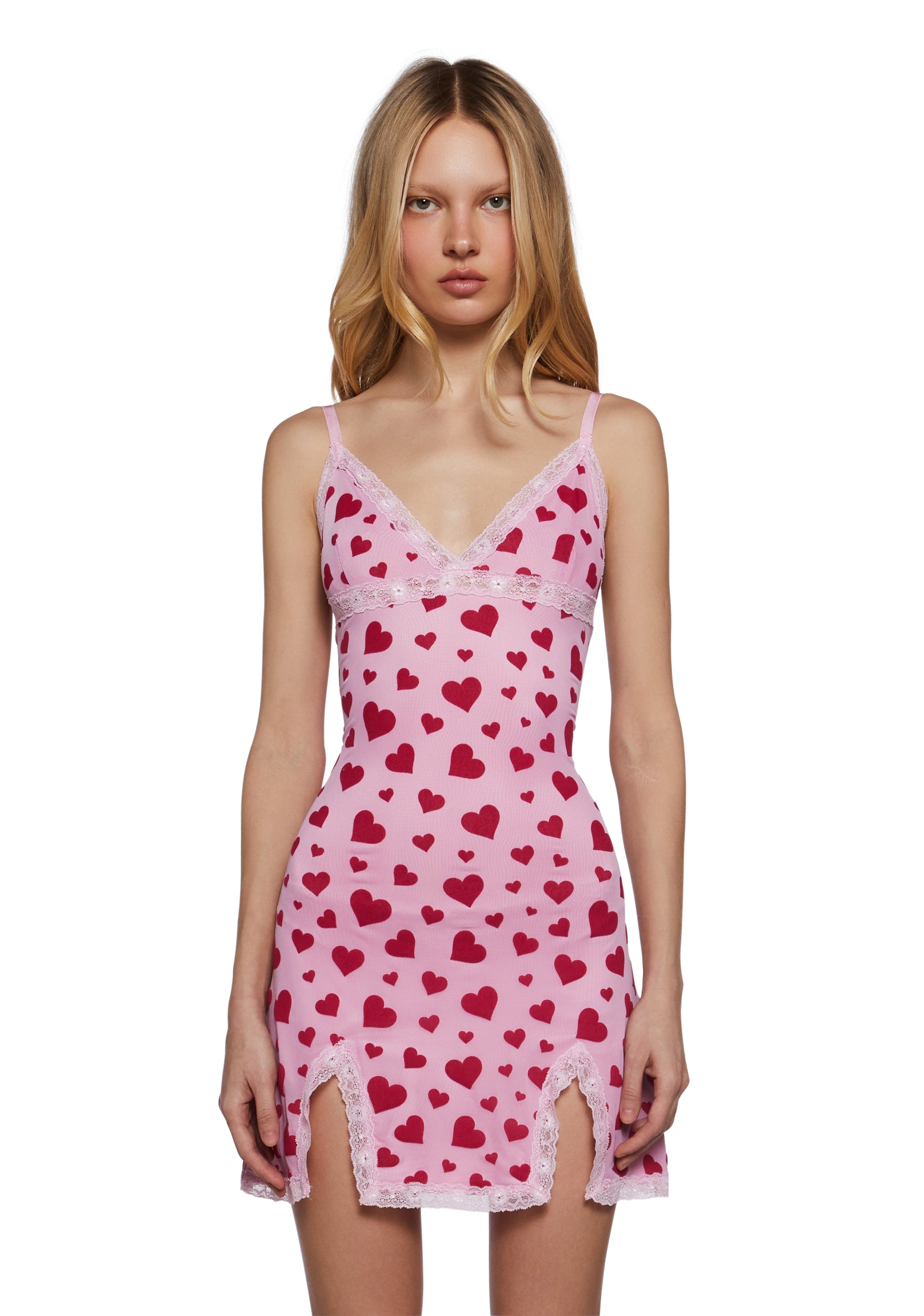 Sugar Thrillz Heart Print Lace Trim Slip Dress - Pink Dolls Kill Sugar Thrillz Heart Print Lace Trim Slip Dress - Pink Dolls Kill