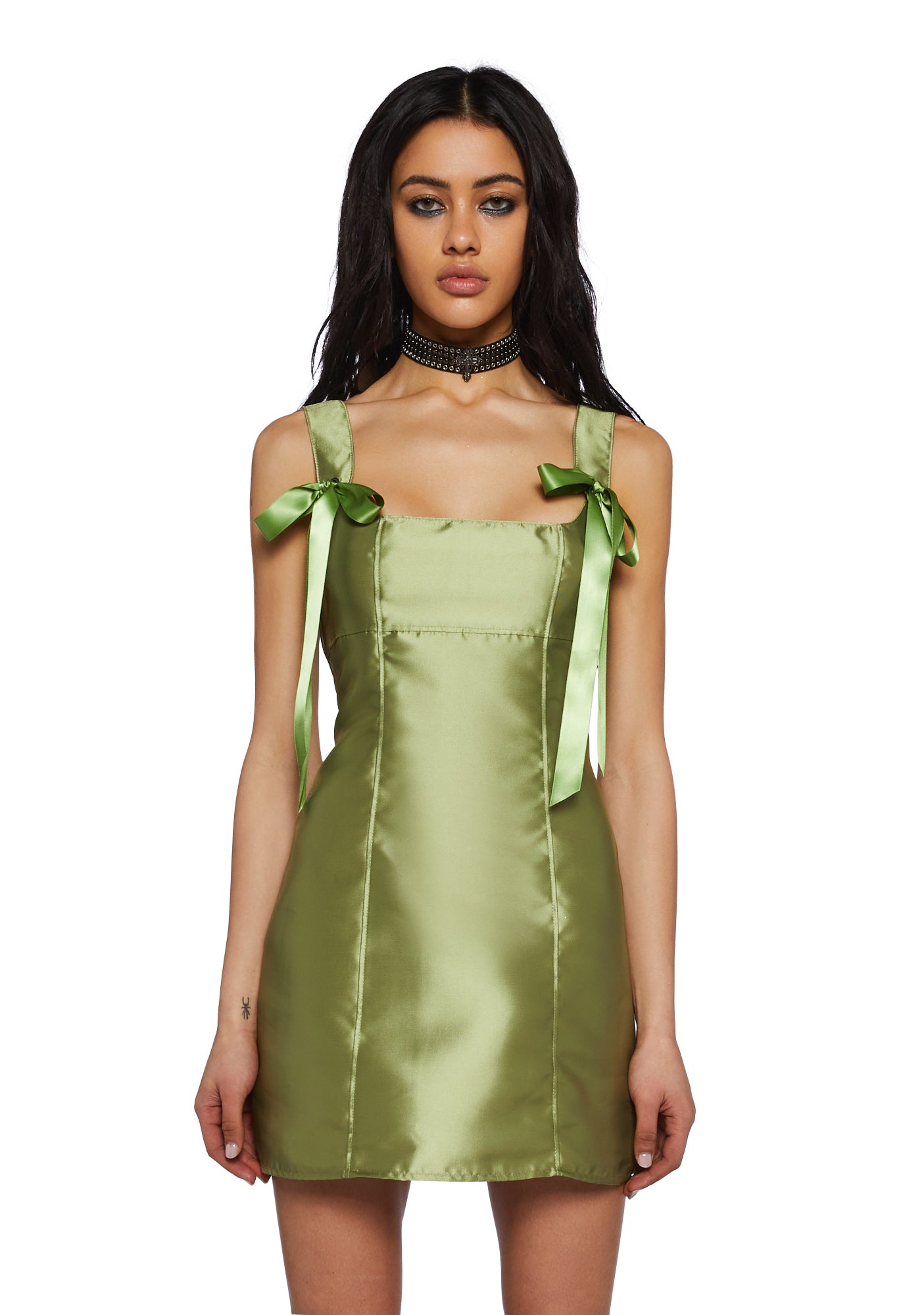 Current Mood Taffeta Ribbon Tie Mini Dress Green – Dolls Kill