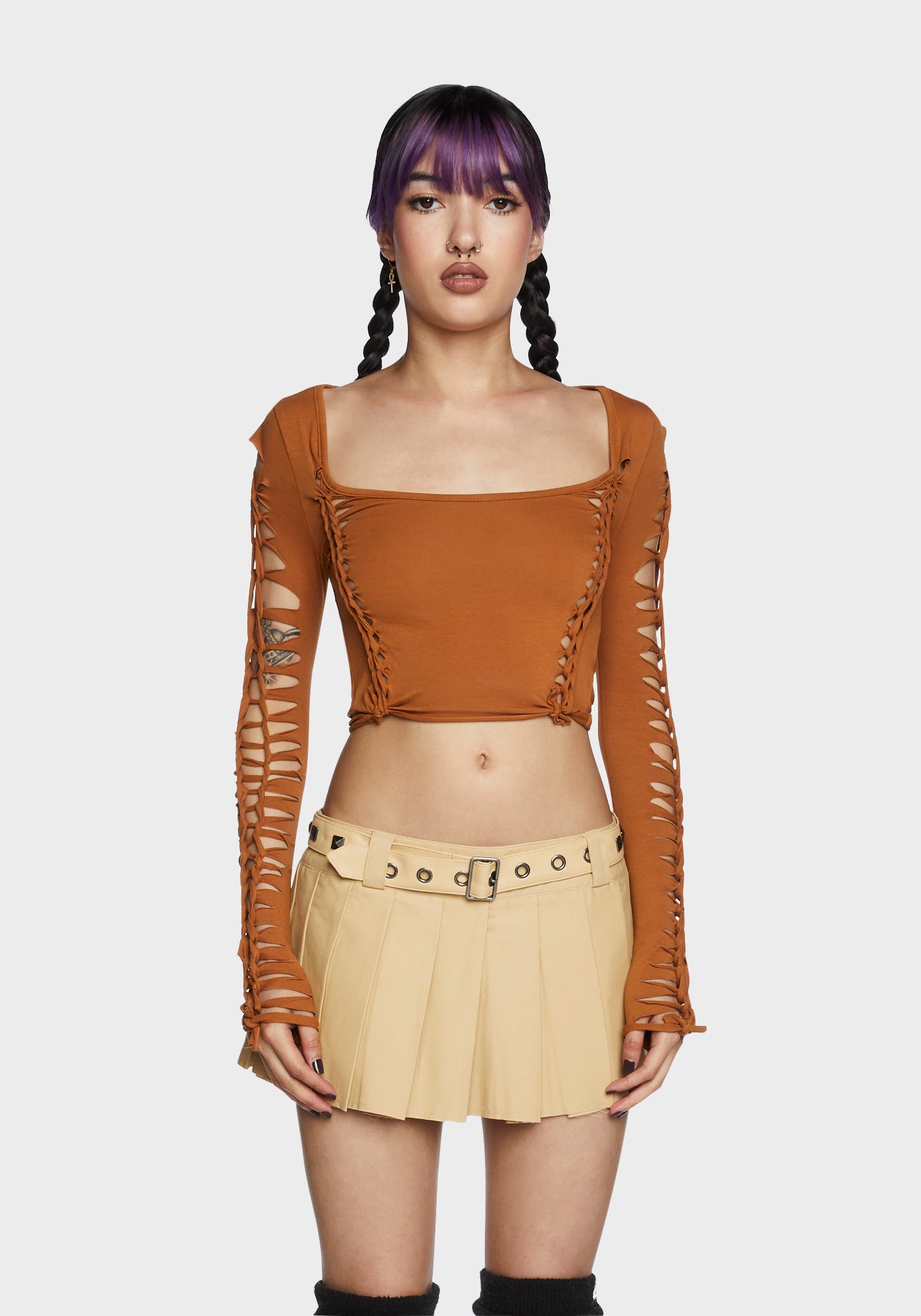 Current Mood Braided Cutout Crop Top - Light Brown
