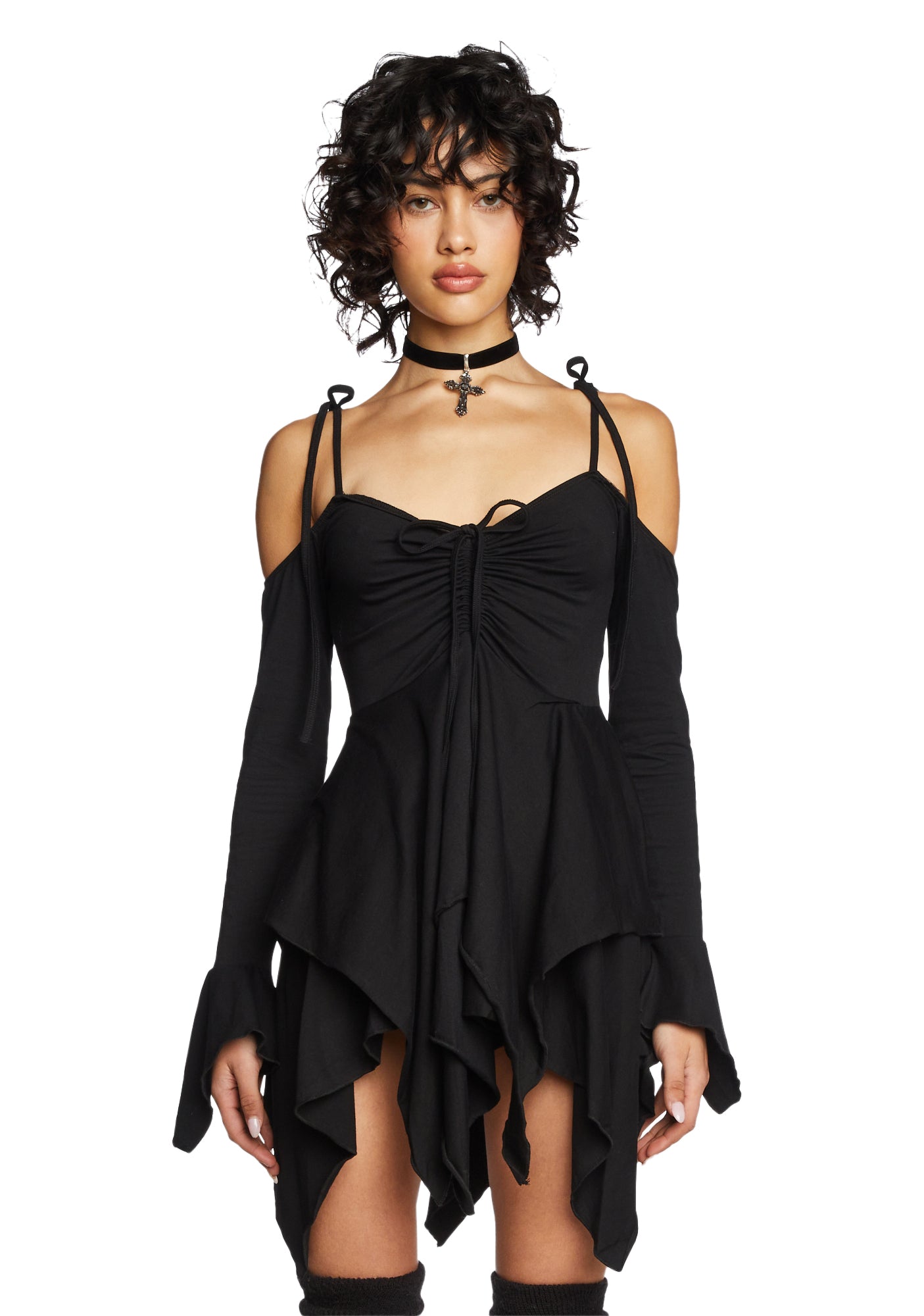 Current Mood Off The Shoulder Handkerchief Mini Dress - Black