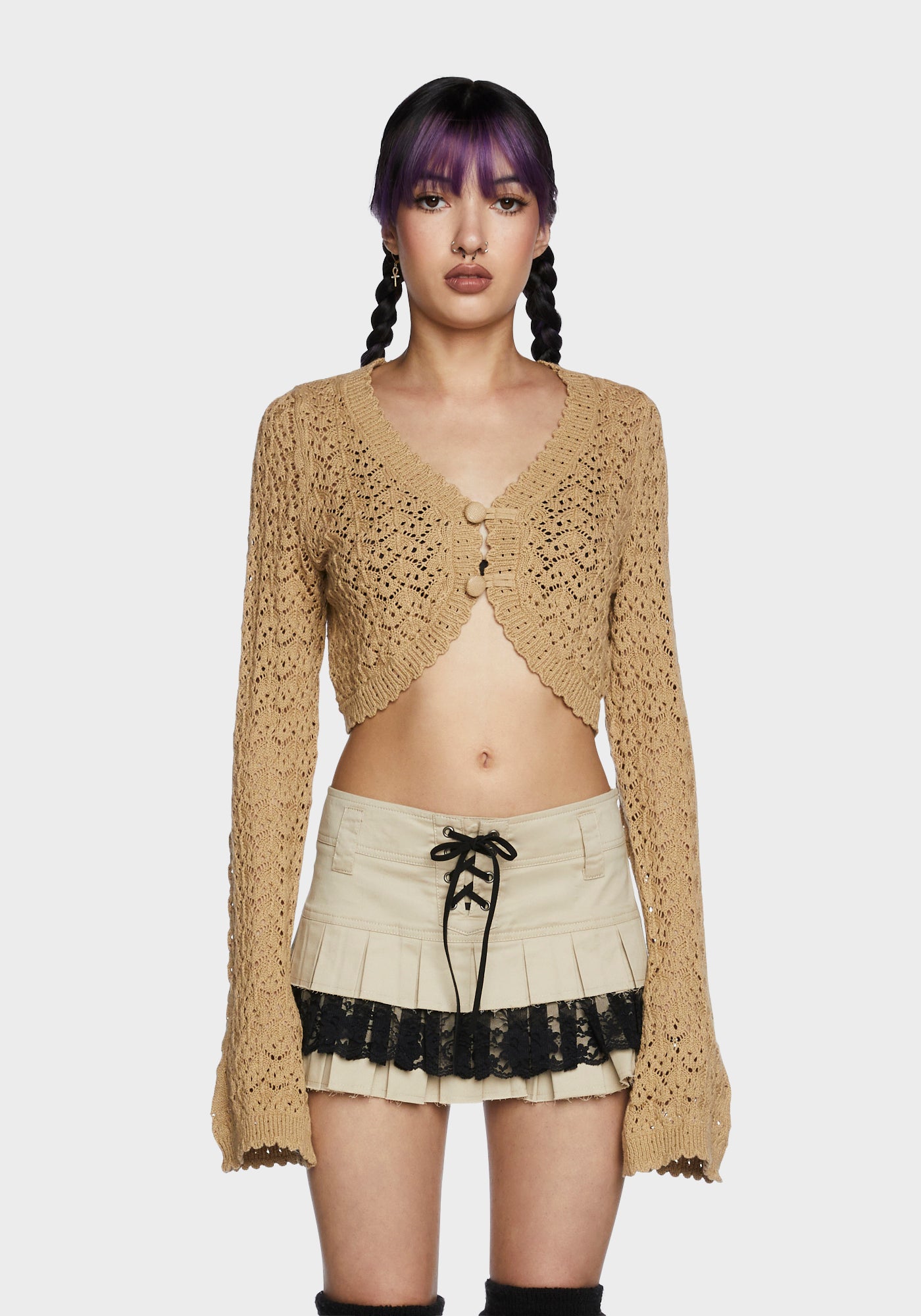 Current Mood Crochet Knit Cropped Cardigan - Tan – Dolls Kill