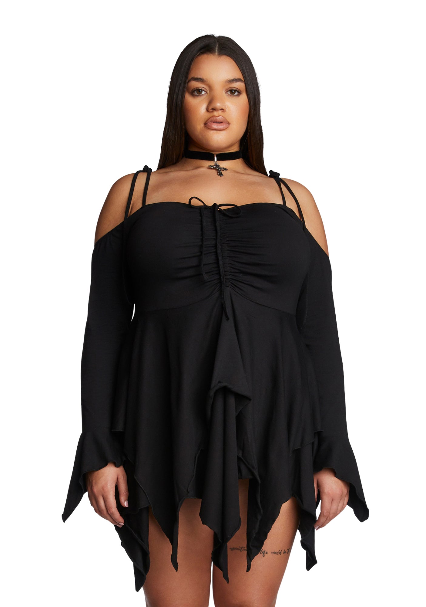 Current Mood Plus Size Off The Shoulder Handkerchief Mini Dress - Black Current Mood Plus Size Off The Shoulder Handkerchief Mini Dress - Black
