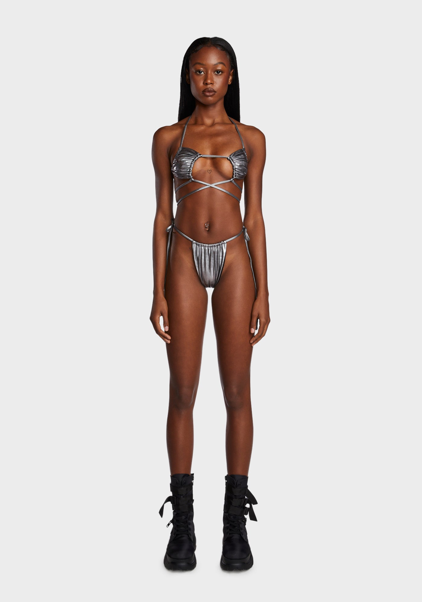 Poster Grl Strappy Metallic Wrap Tie Bikini Set Silver Dolls Kill