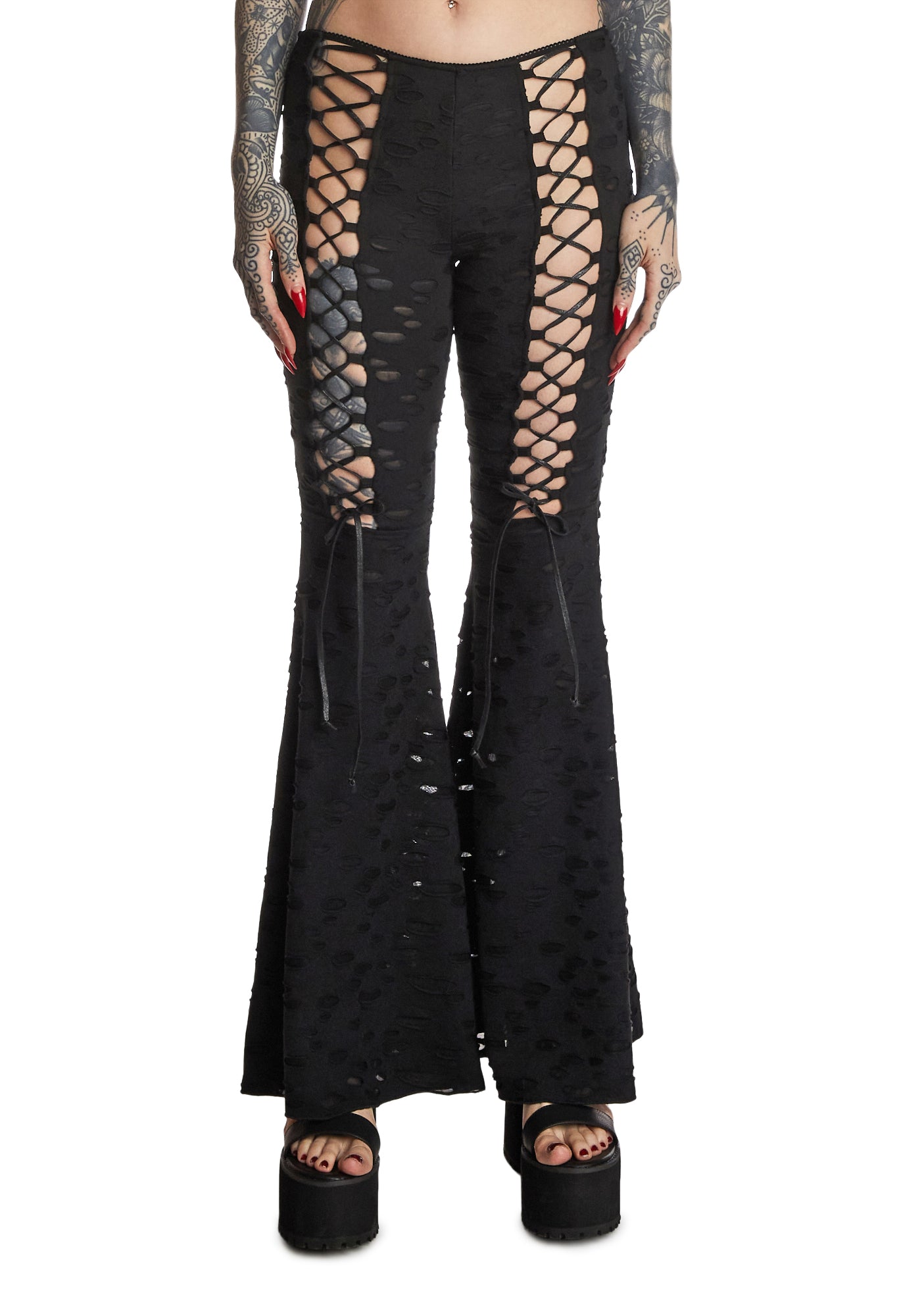 Widow Shredded Lace Up Flare Pants - Black
