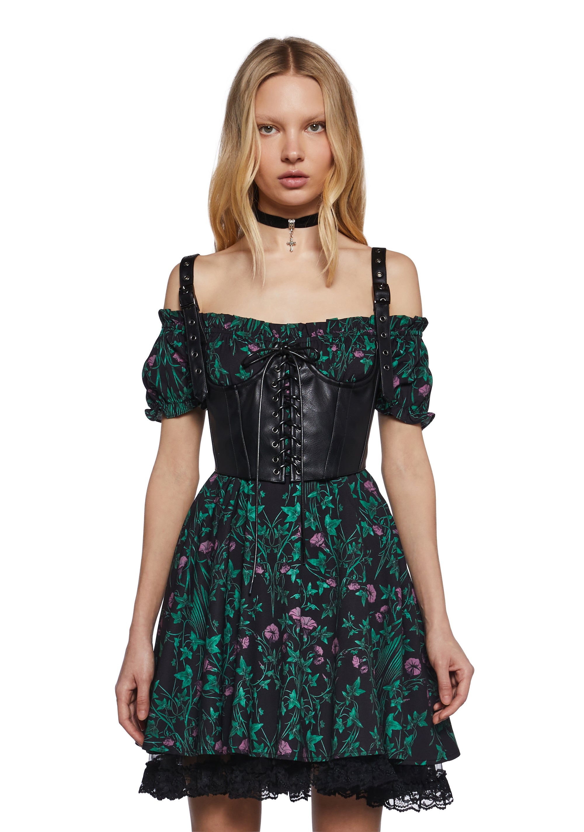 ★韓国人気★BADBLOOD★MYSTIC STRING MINI DRESS Widow Ivy Mini Dress With Vegan Leather Underbust Corset