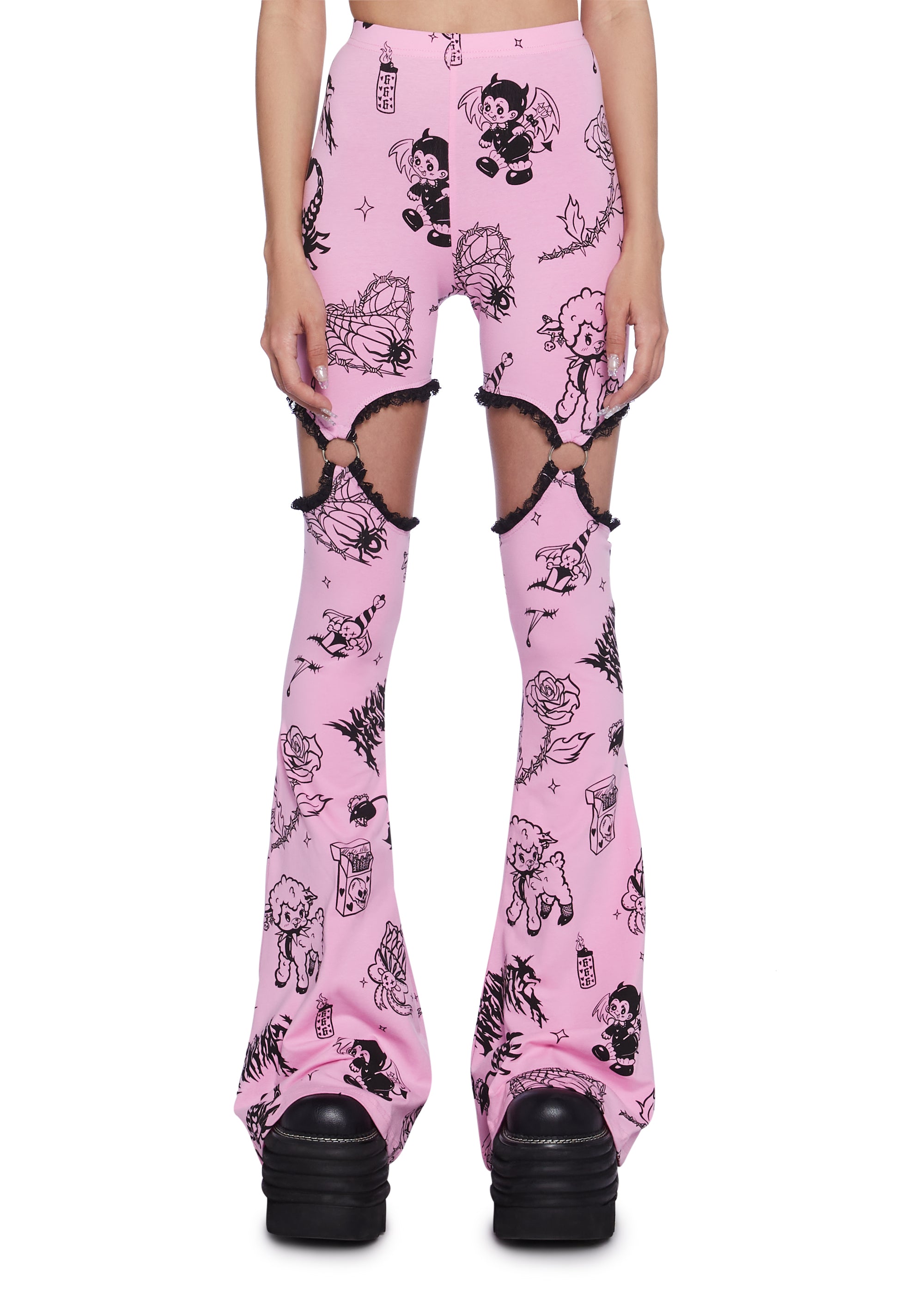 Current Mood Tattoo Print Garter Chain Flare Pants - Pink