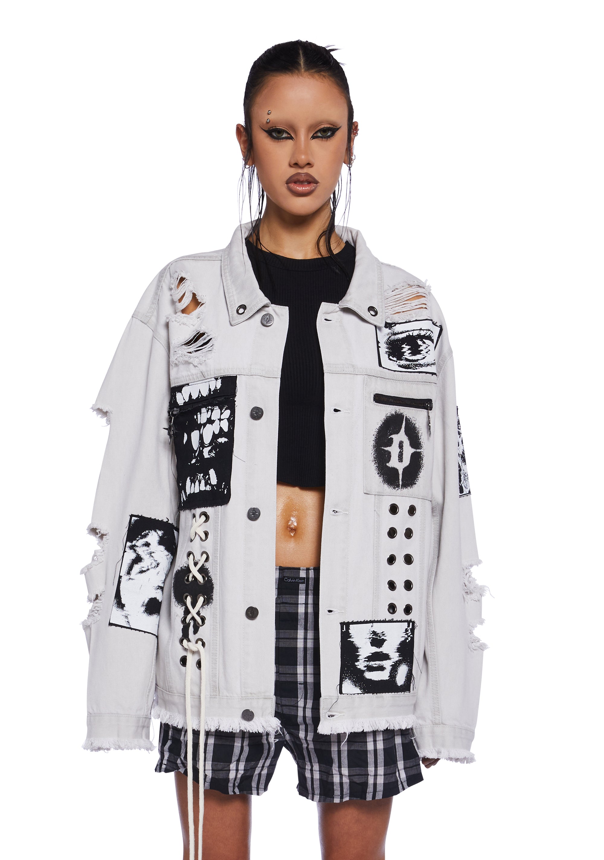 Off white distressed denim jacket deals
