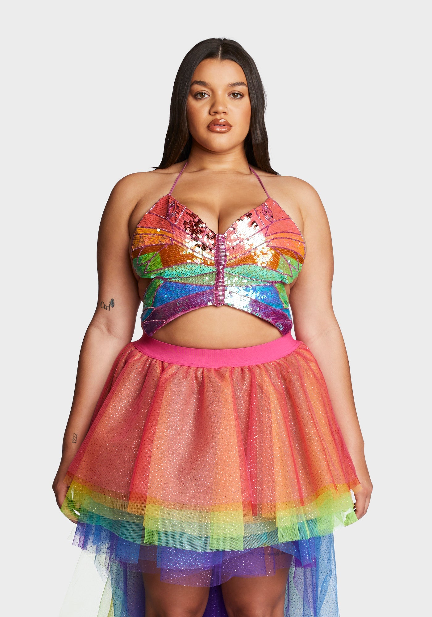 Plus Size Club Exx Sequin Butterfly Crop Top Rainbow Dolls Kill