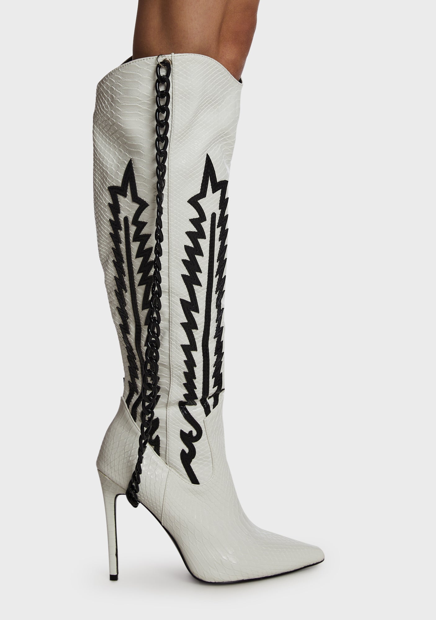 AZALEA WANG Croc Embossed Stiletto Chain Cowboy Boots White