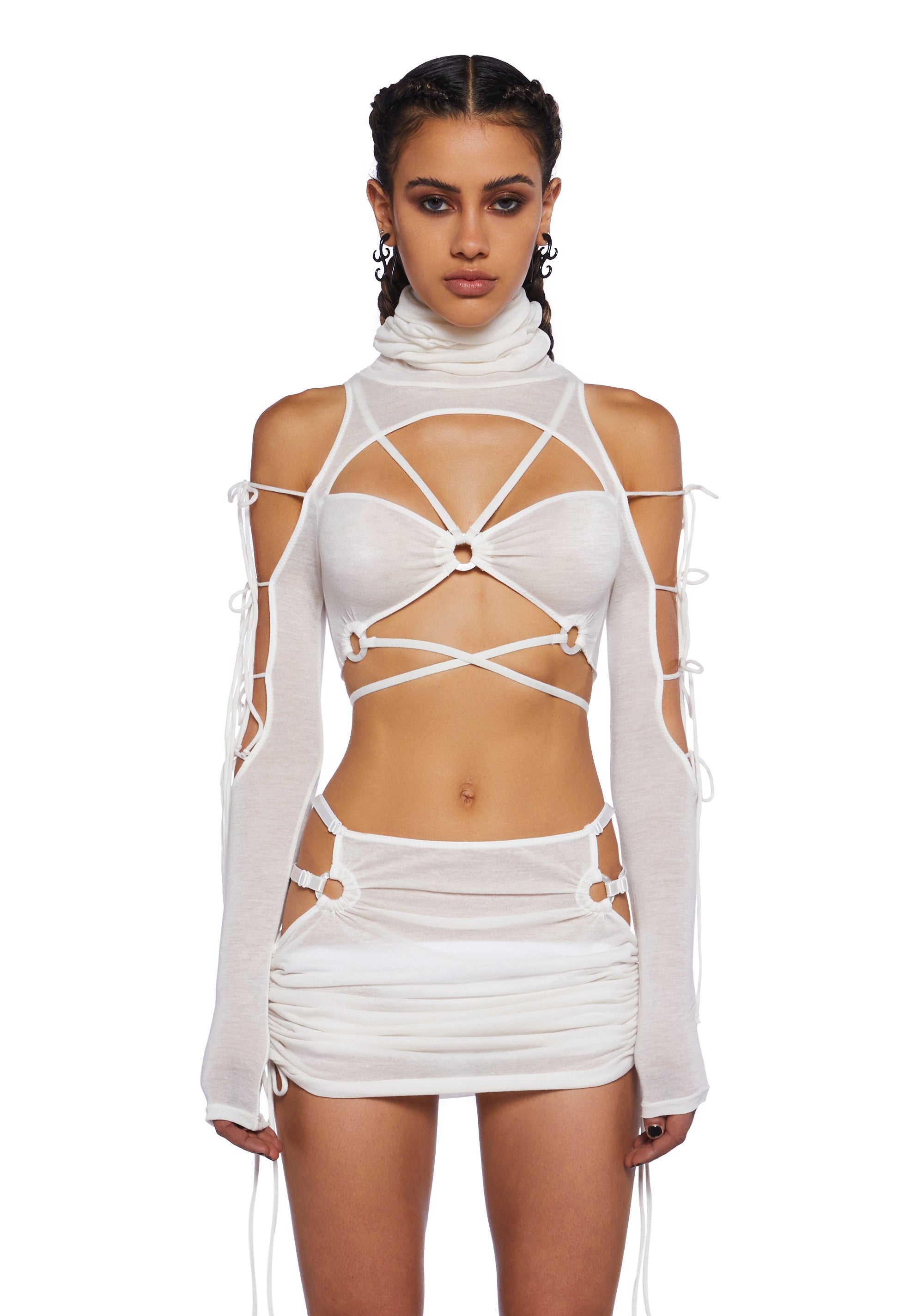 Club Exx Burning Man Strappy Cut Out Long Sleeve Top - White