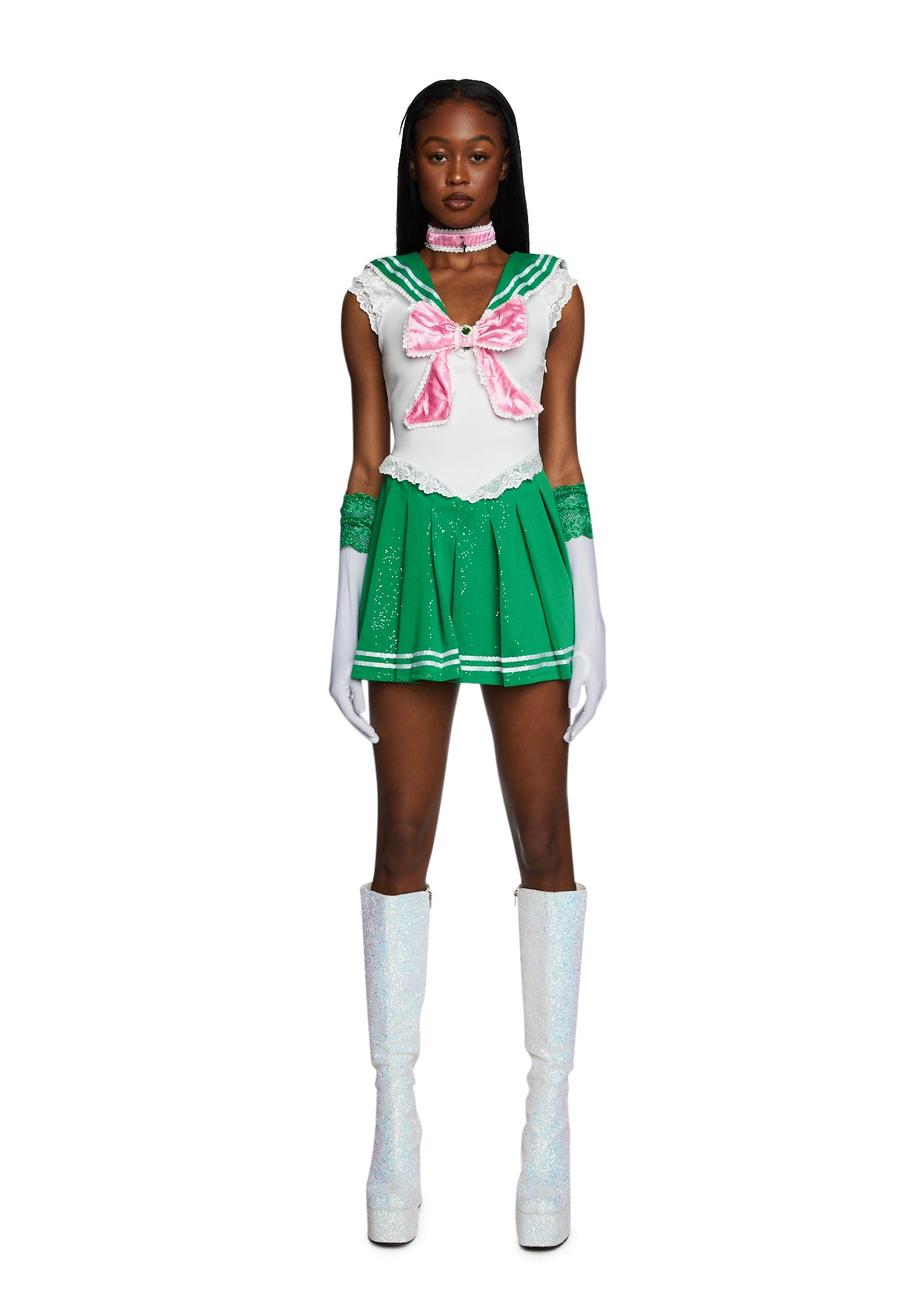Space Sailor Sexy Womens Halloween Mini Dress Costume Set Green