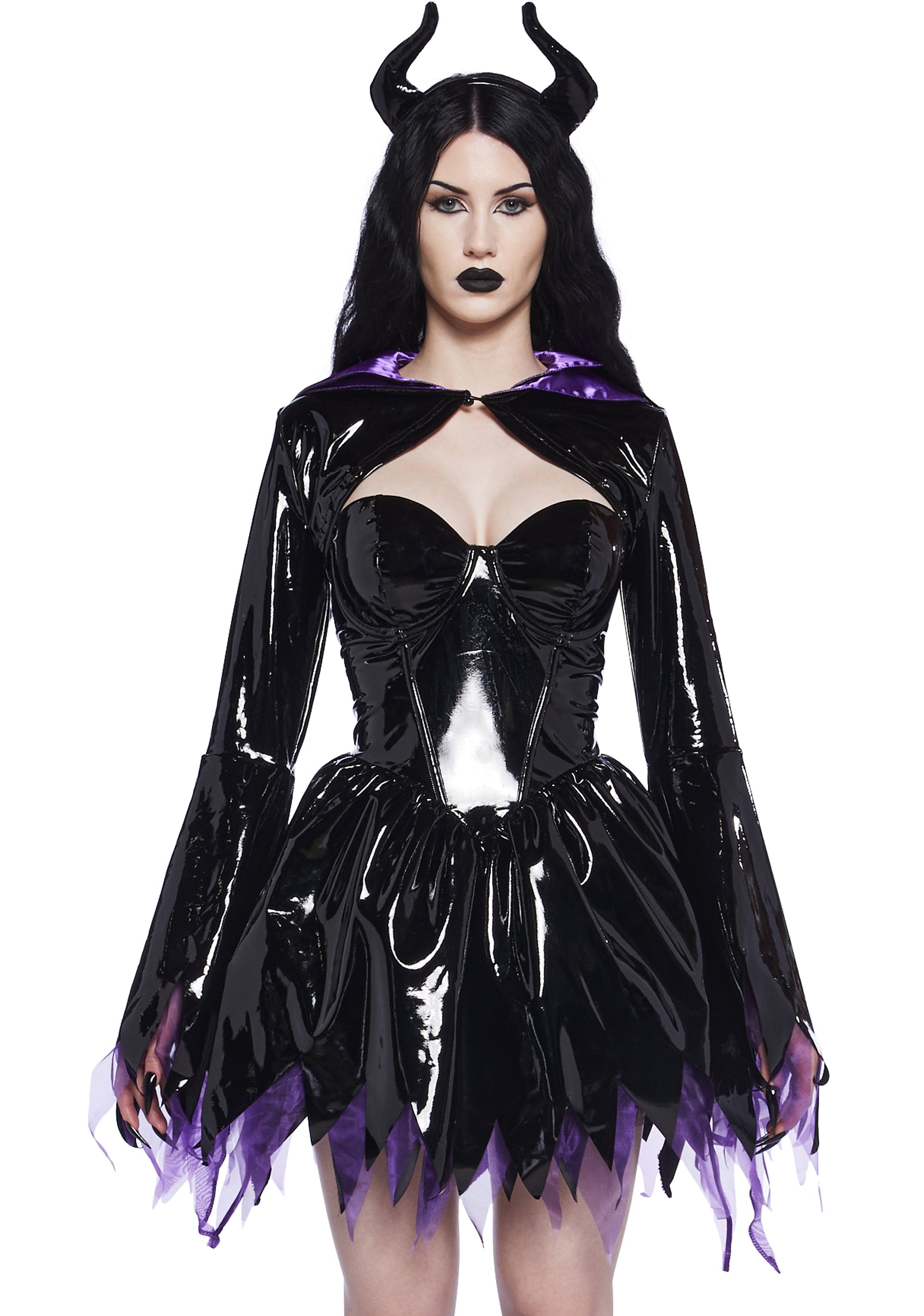 Evil Horned Fairy Maleficent Sleeping Beauty Sexy Womens Halloween Costume - Black/Purple Evil Horned Fairy Maleficent Sleeping Beauty Sexy Womens Halloween Costume - Black/Purple
