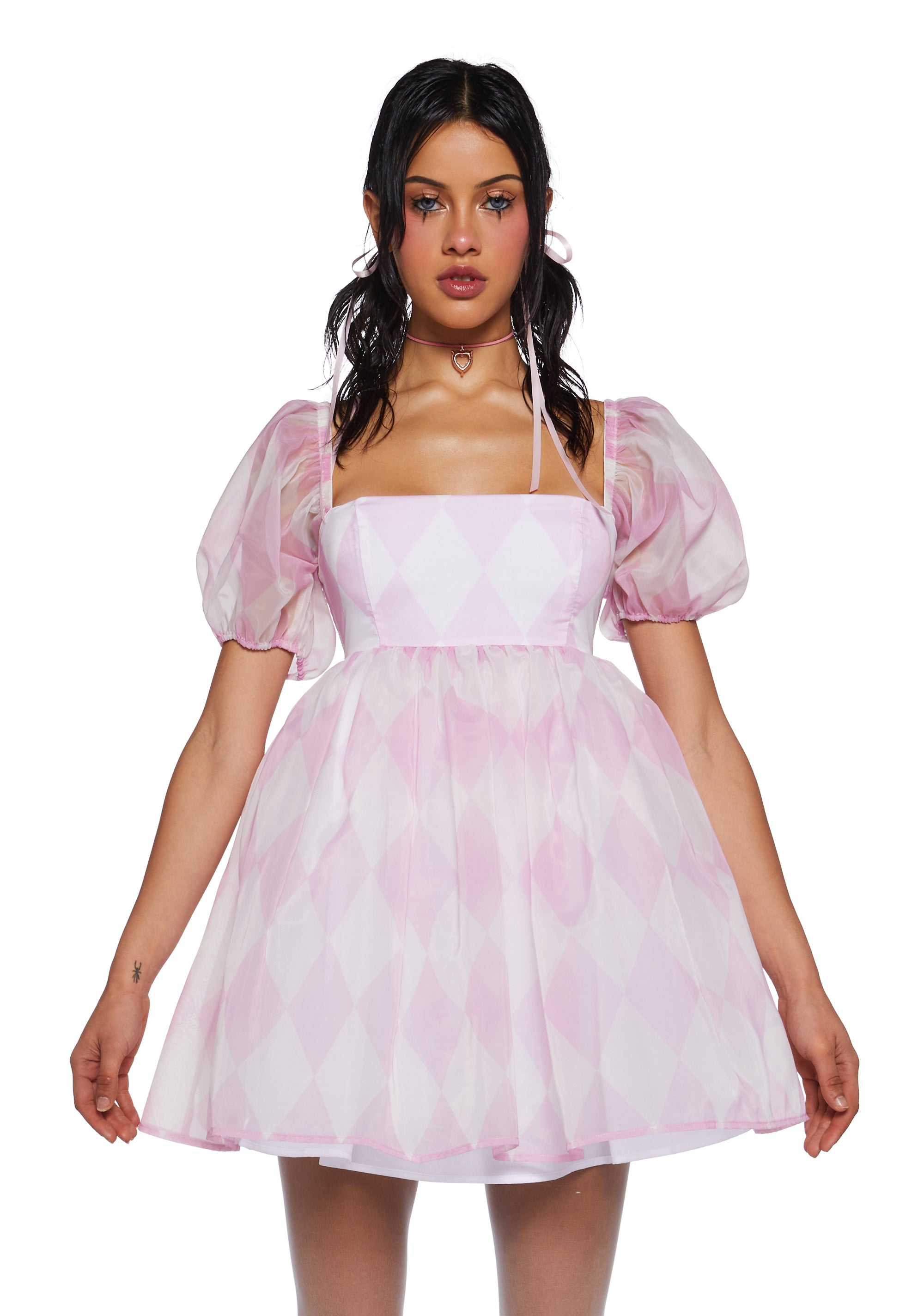Sugar Thrillz Argyle Print Organza Babydoll Dress Sugar Thrillz Argyle Print Organza Babydoll Dress