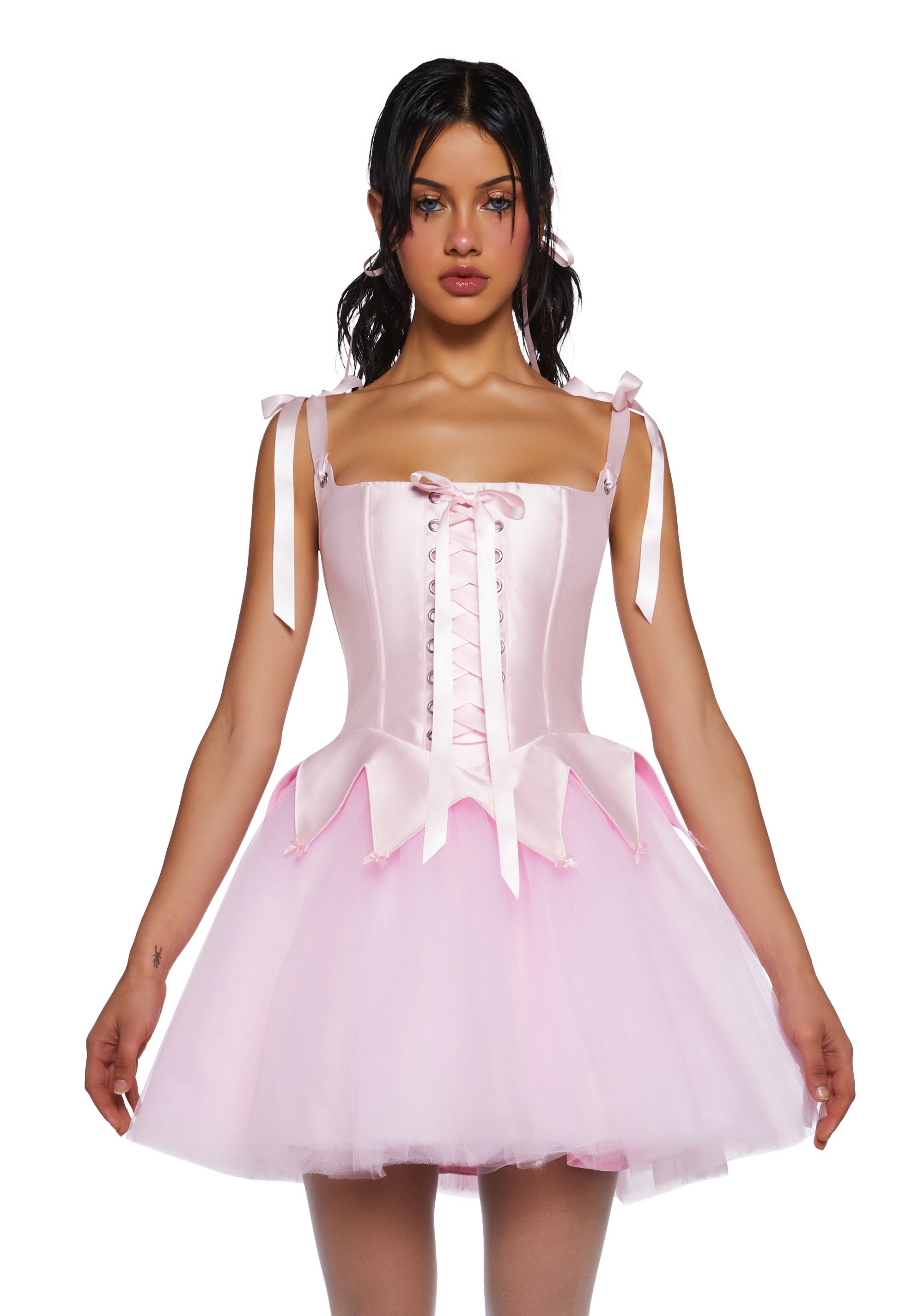 Sugar Thrillz Lace-Up Satin Mesh Mini Dress & Choker - Pink Sugar Thrillz Lace-Up Satin Mesh Mini Dress & Choker - Pink