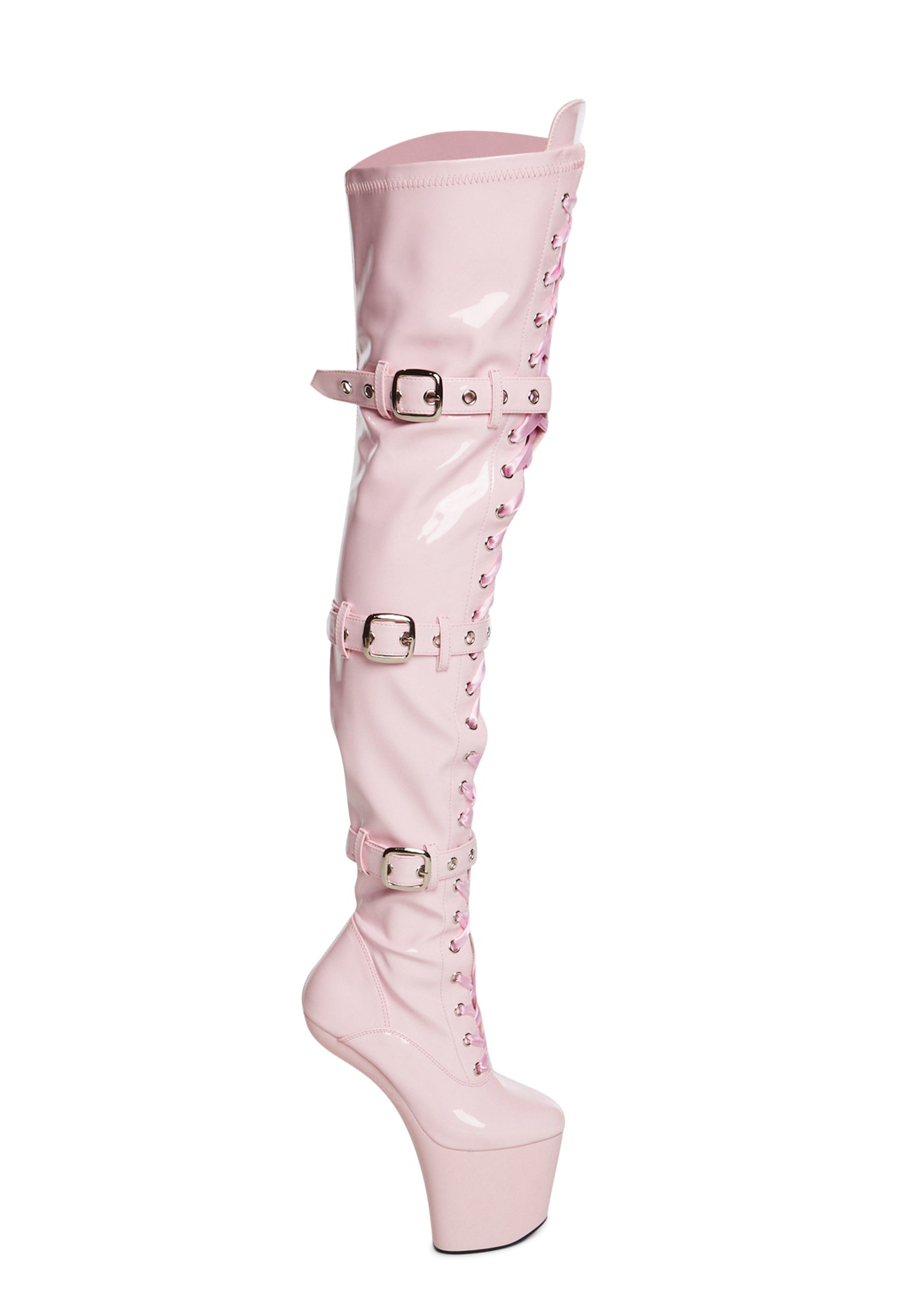 Pleaser Heelless Platform Wedge Thigh High Boots Pink Patent