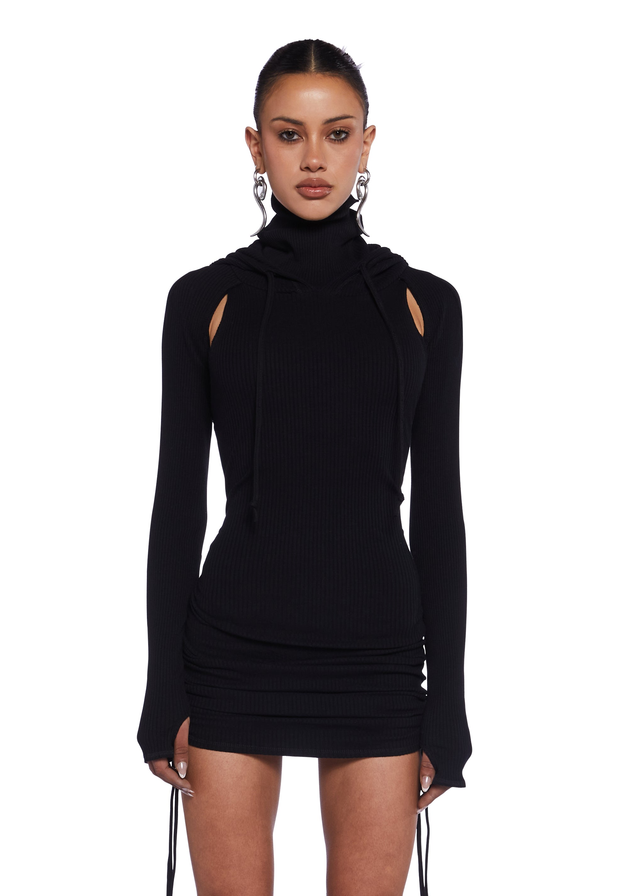 注目ショップ・ブランドのギフト Darker Black Washed - Dress Mini Out Cut Knit Ruched Wavs ワンピース